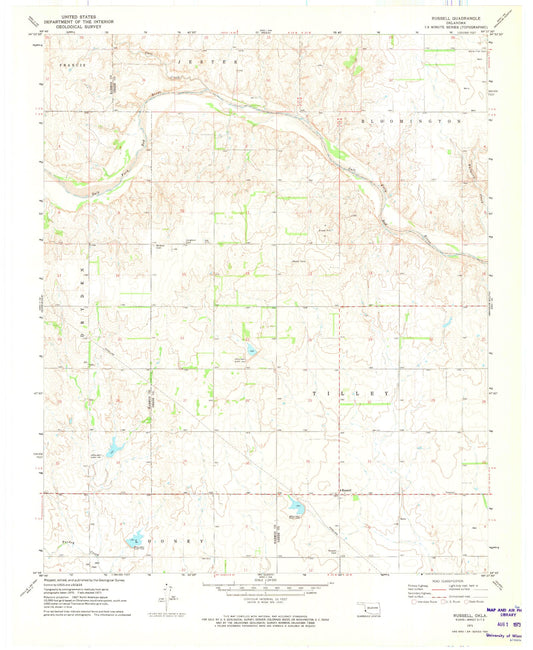 Classic USGS Russell Oklahoma 7.5'x7.5' Topo Map Image