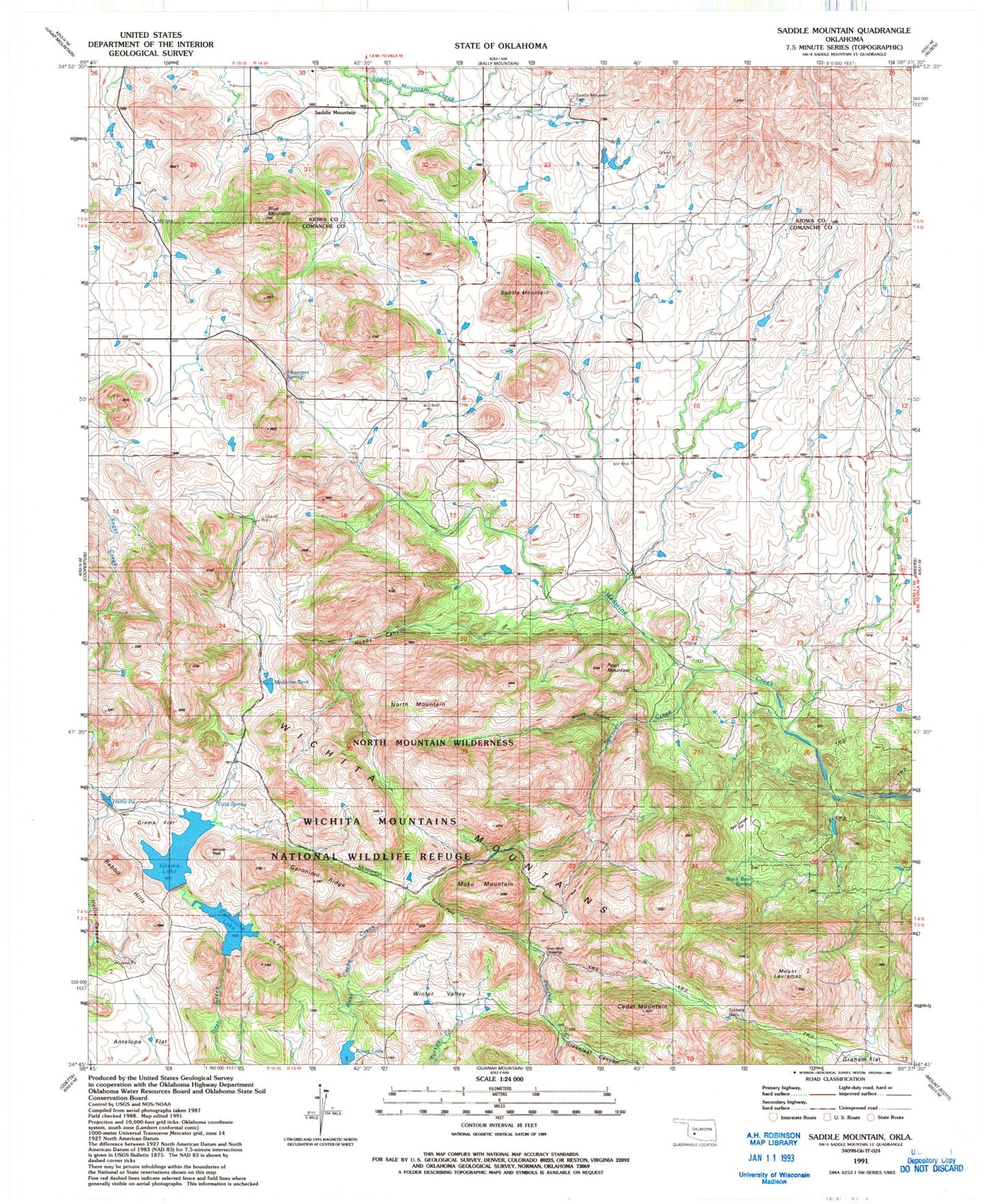 Classic USGS Saddle Mountain Oklahoma 7.5'x7.5' Topo Map Image