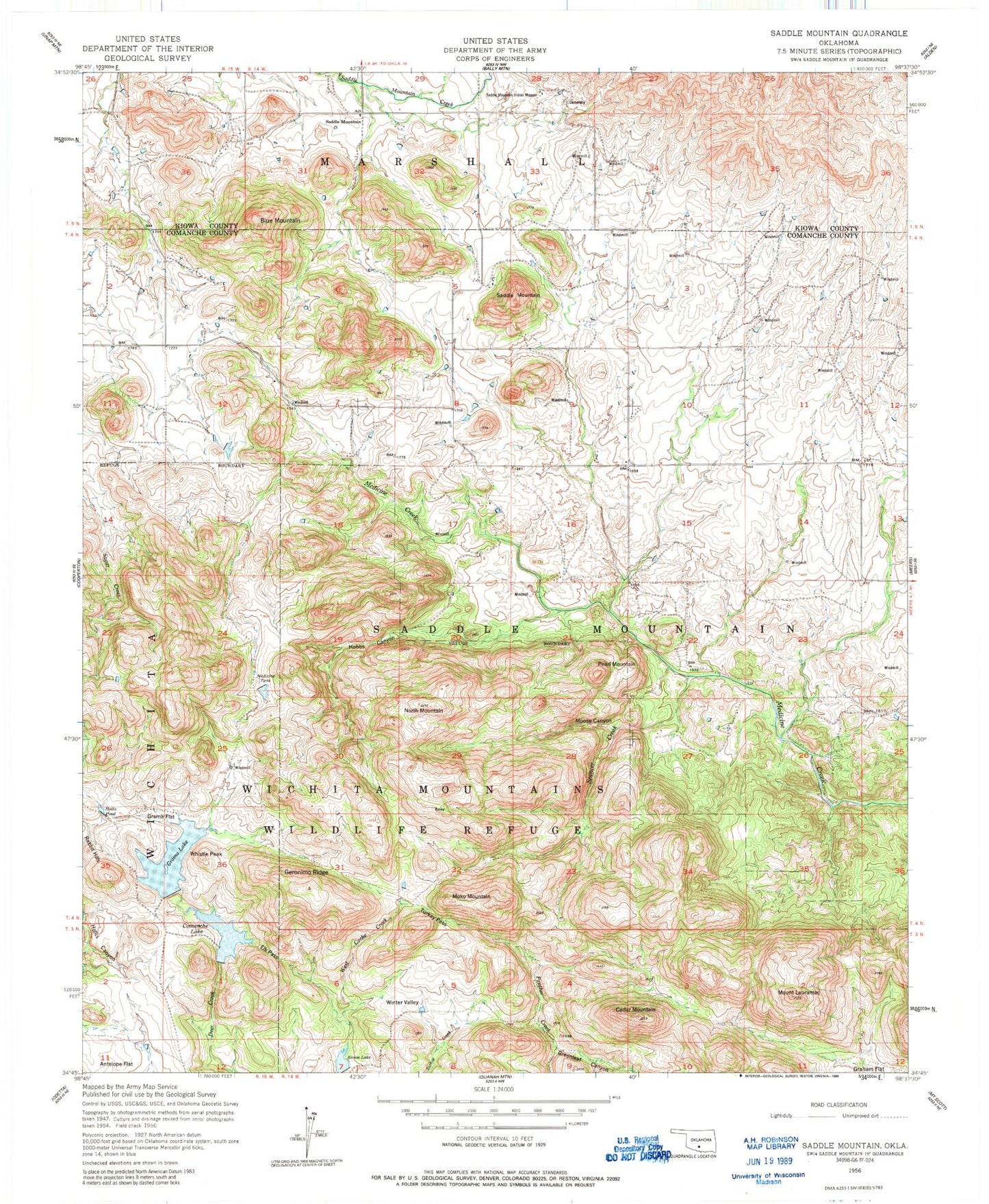 Classic USGS Saddle Mountain Oklahoma 7.5'x7.5' Topo Map Image