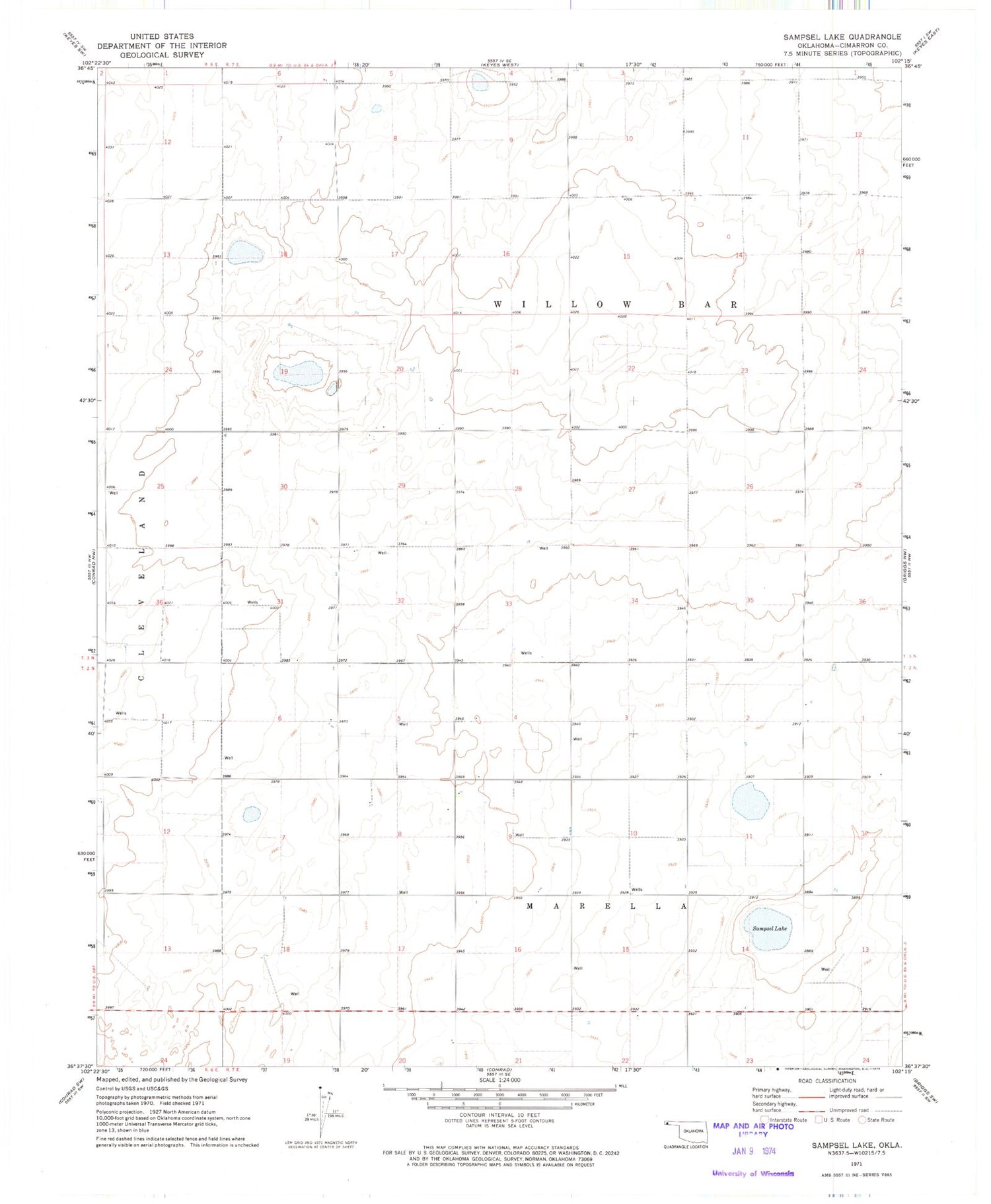 Classic USGS Sampsel Lake Oklahoma 7.5'x7.5' Topo Map Image