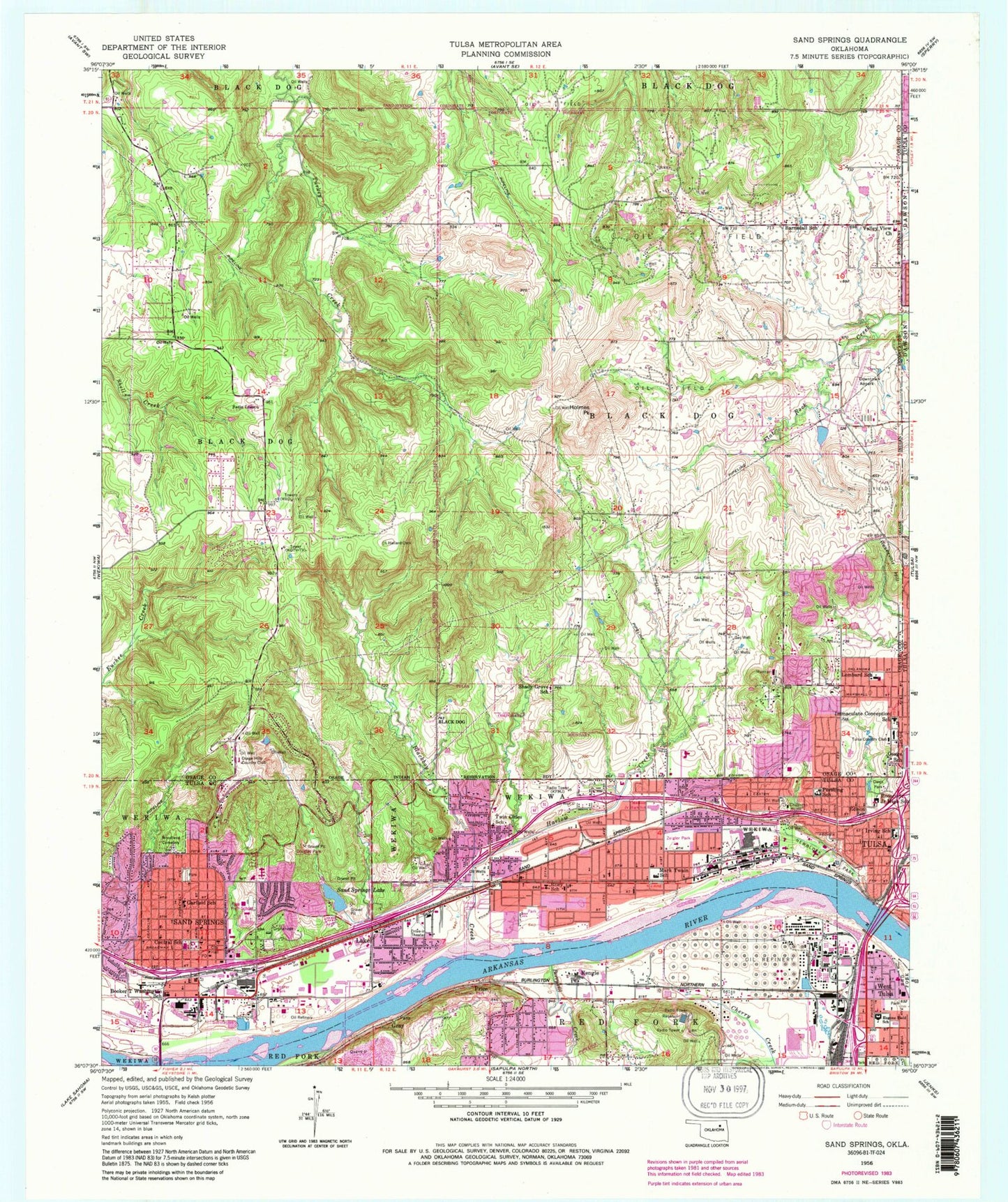 Classic USGS Sand Springs Oklahoma 7.5'x7.5' Topo Map Image