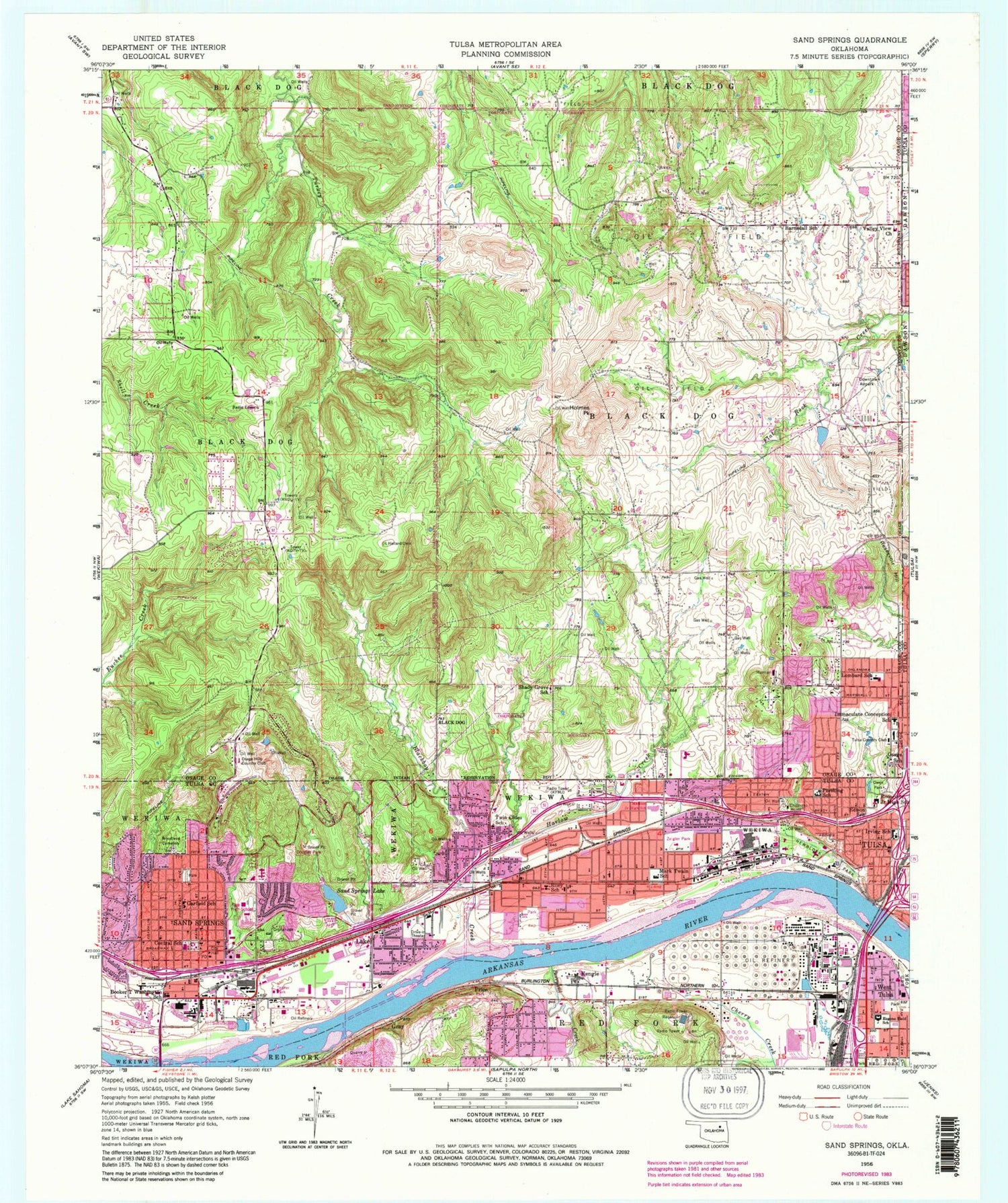 Classic USGS Sand Springs Oklahoma 7.5'x7.5' Topo Map Image