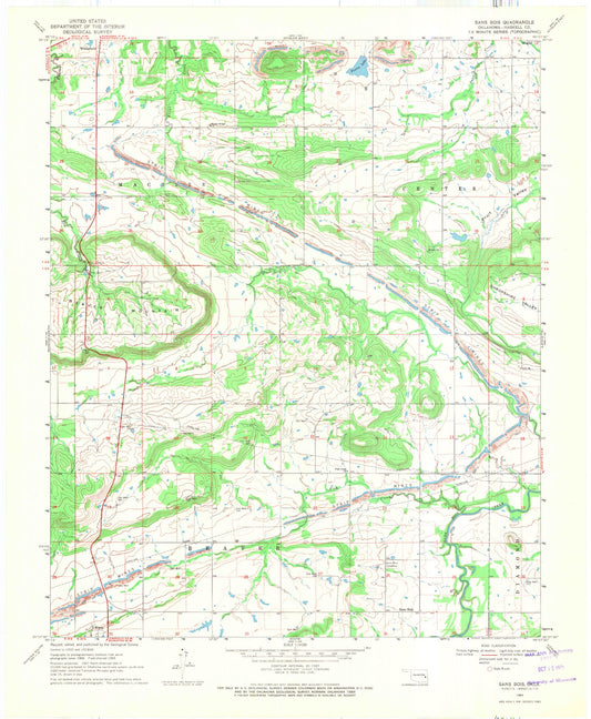 Classic USGS Sans Bois Oklahoma 7.5'x7.5' Topo Map Image