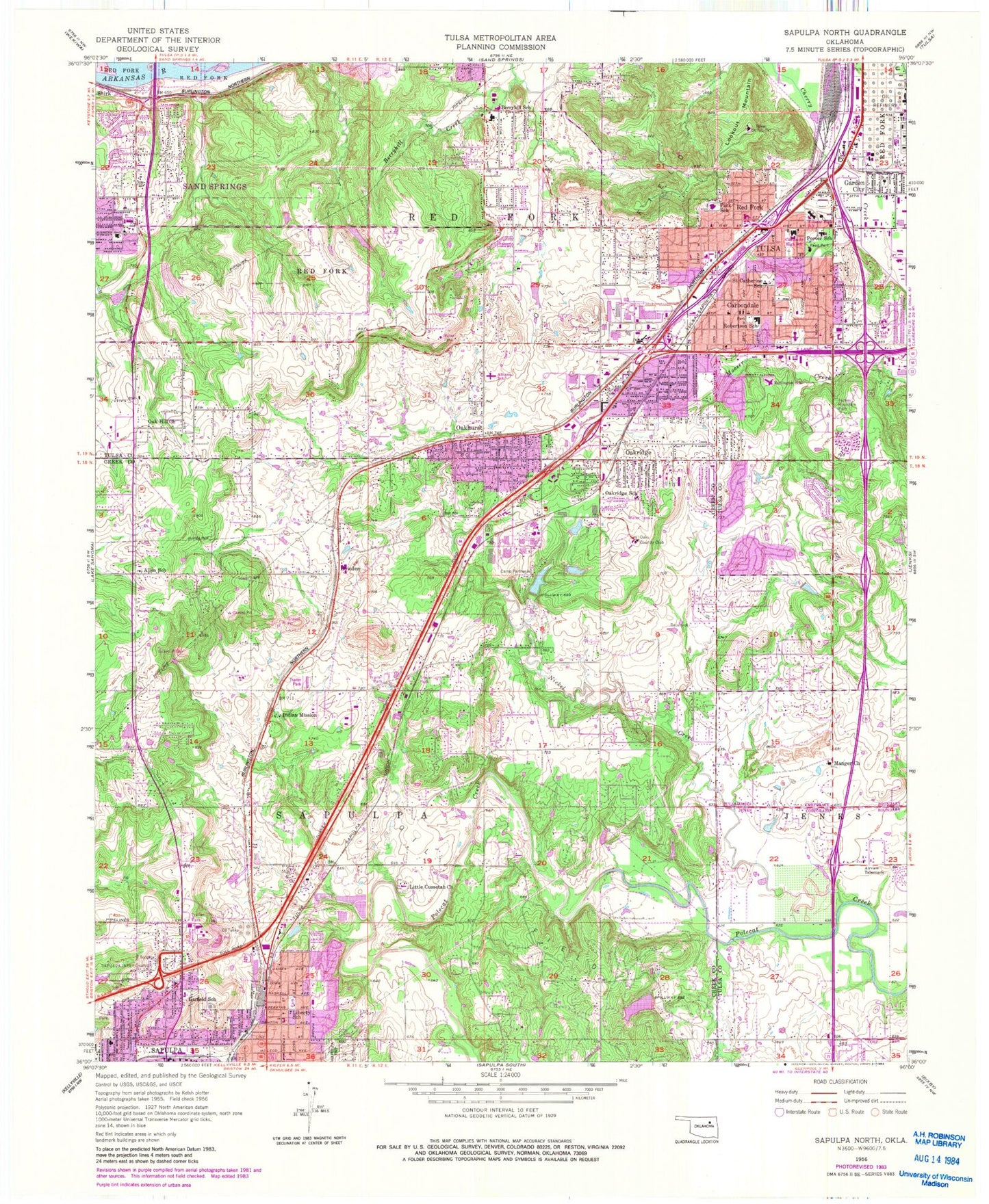 Classic USGS Sapulpa North Oklahoma 7.5'x7.5' Topo Map Image
