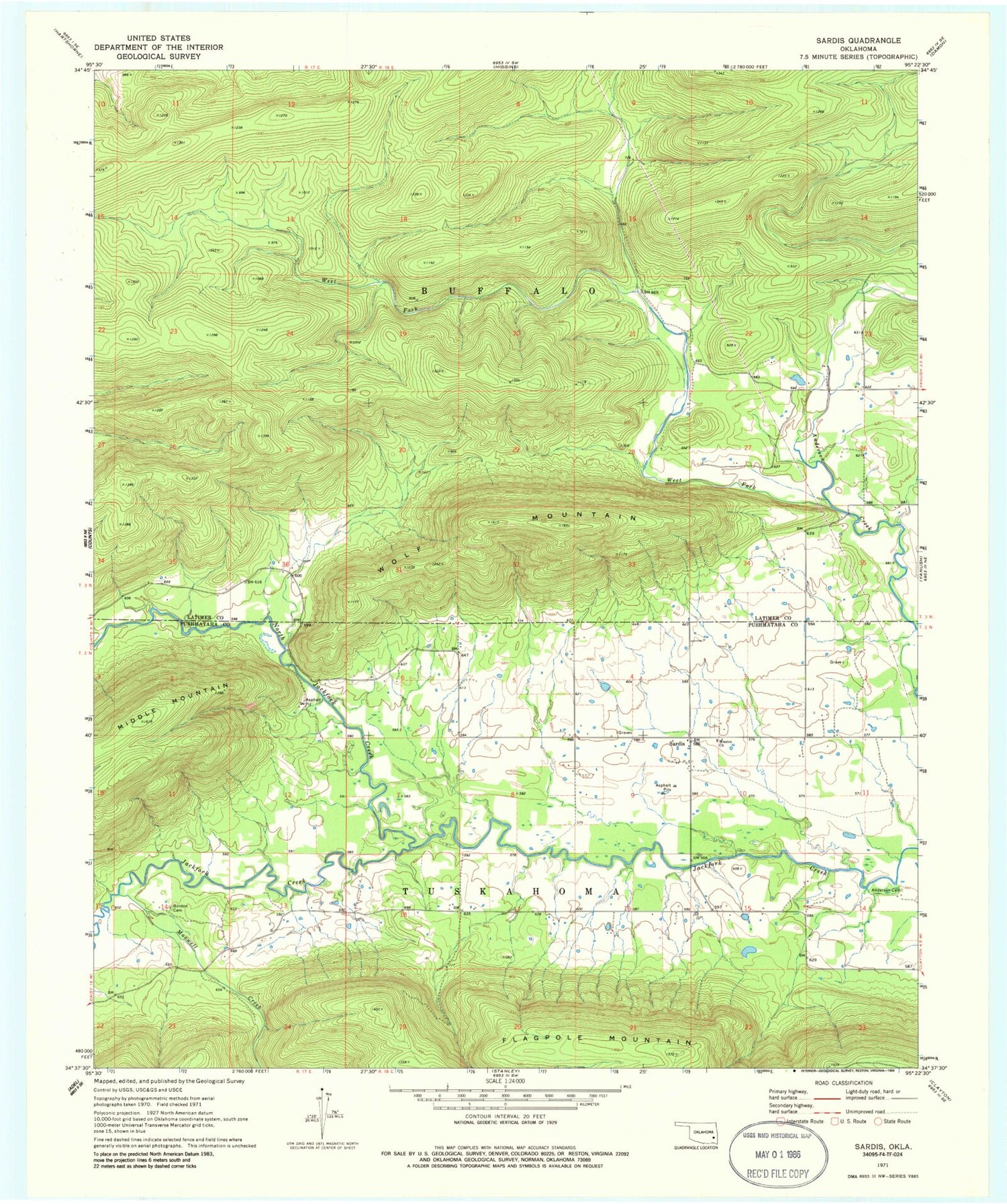 Classic USGS Sardis Oklahoma 7.5'x7.5' Topo Map Image