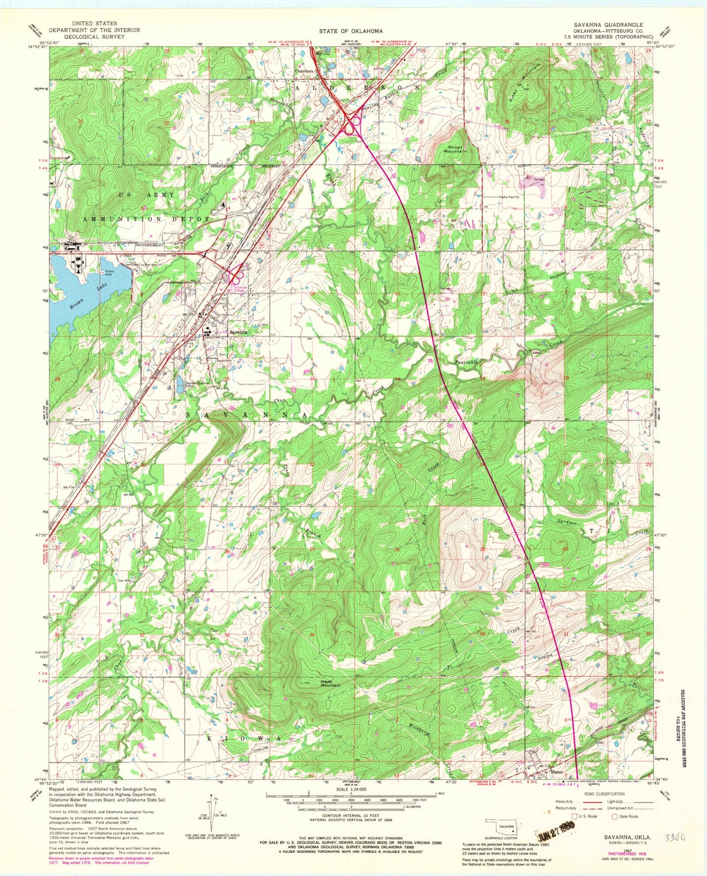 Classic USGS Savanna Oklahoma 7.5'x7.5' Topo Map Image