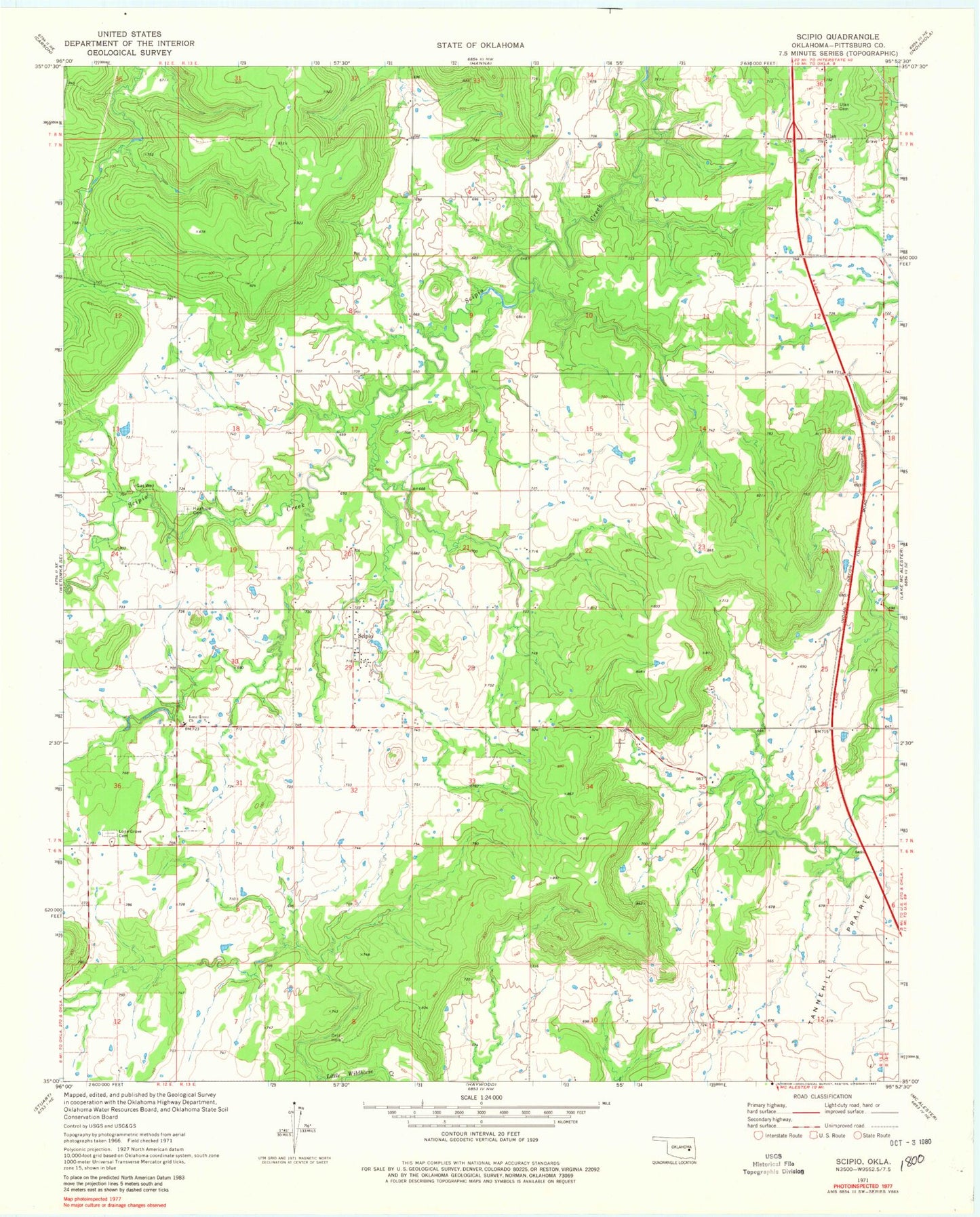 Classic USGS Scipio Oklahoma 7.5'x7.5' Topo Map Image