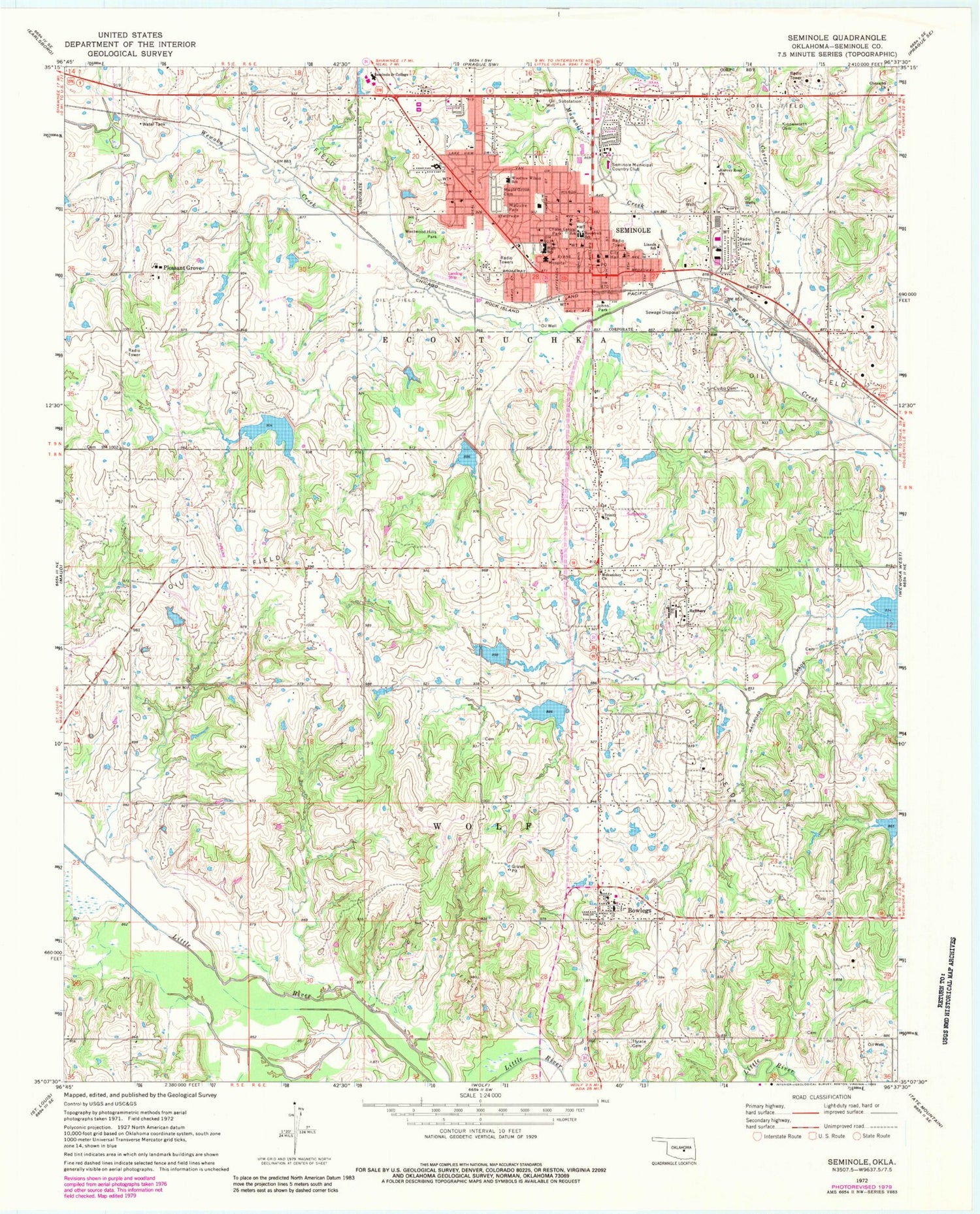 Classic USGS Seminole Oklahoma 7.5'x7.5' Topo Map Image