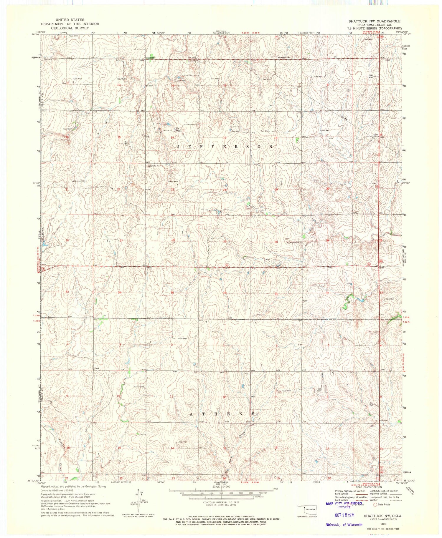 Classic USGS Shattuck NW Oklahoma 7.5'x7.5' Topo Map Image