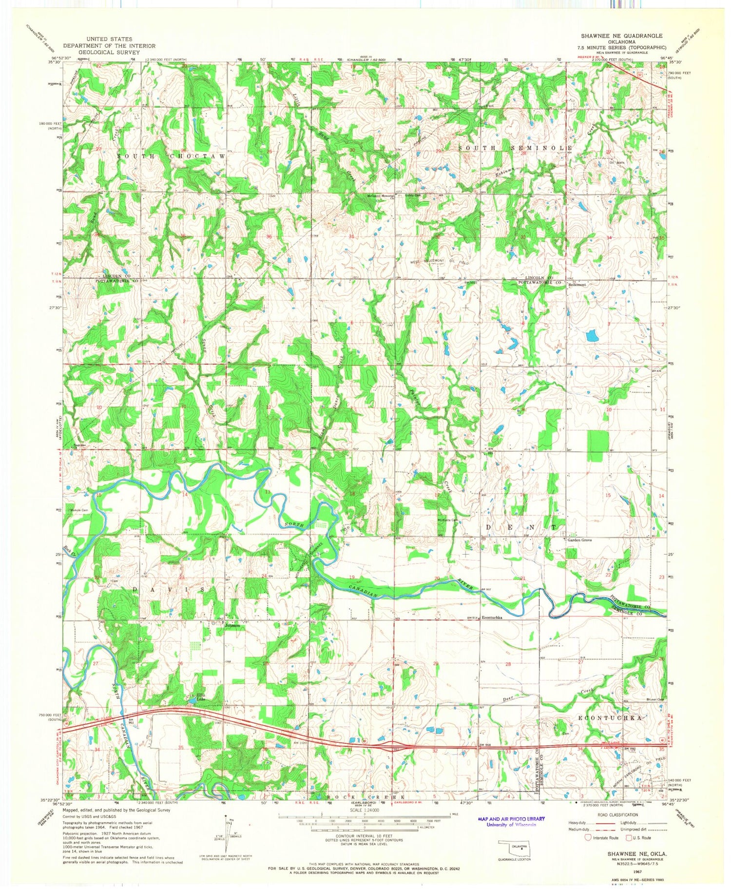 Classic USGS Shawnee NE Oklahoma 7.5'x7.5' Topo Map Image