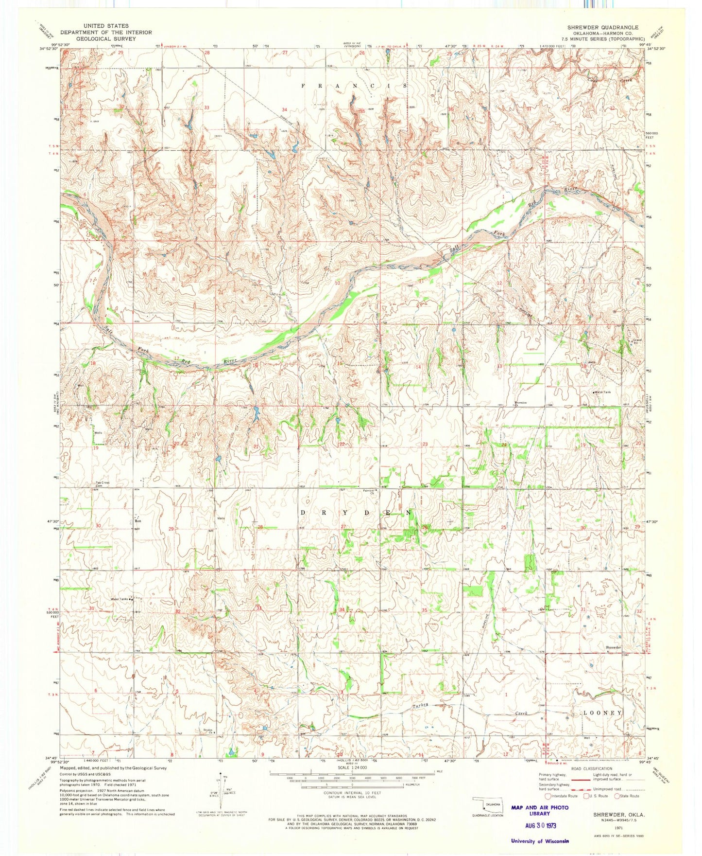 Classic USGS Shrewder Oklahoma 7.5'x7.5' Topo Map Image