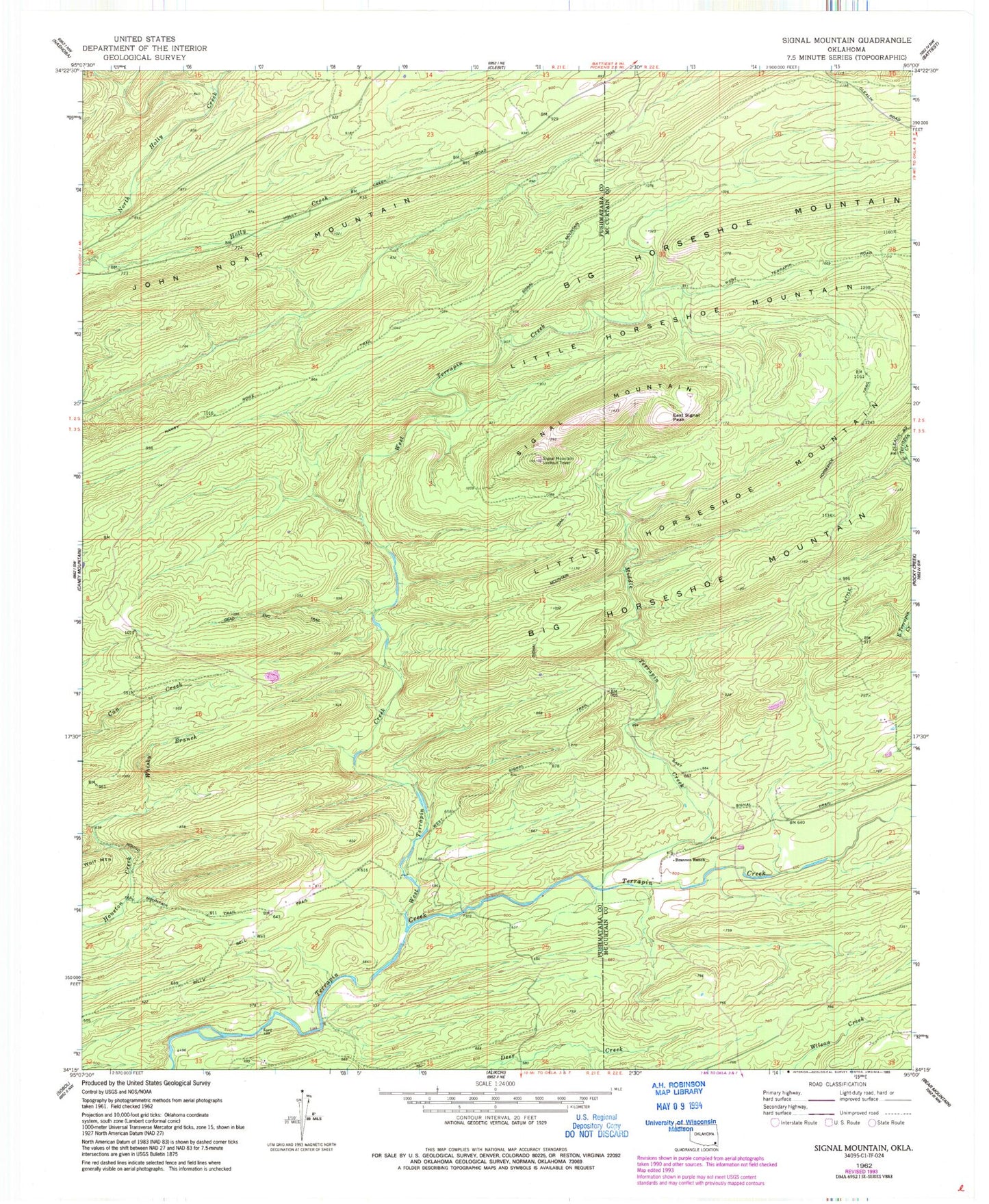 Classic USGS Signal Mountain Oklahoma 7.5'x7.5' Topo Map Image