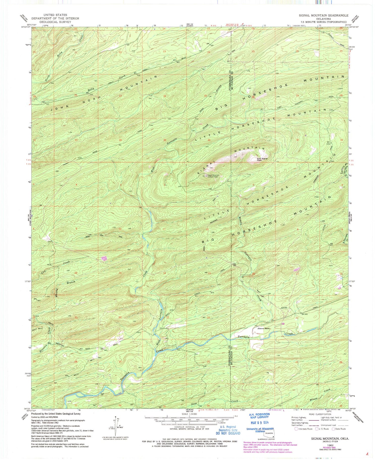 Classic USGS Signal Mountain Oklahoma 7.5'x7.5' Topo Map Image