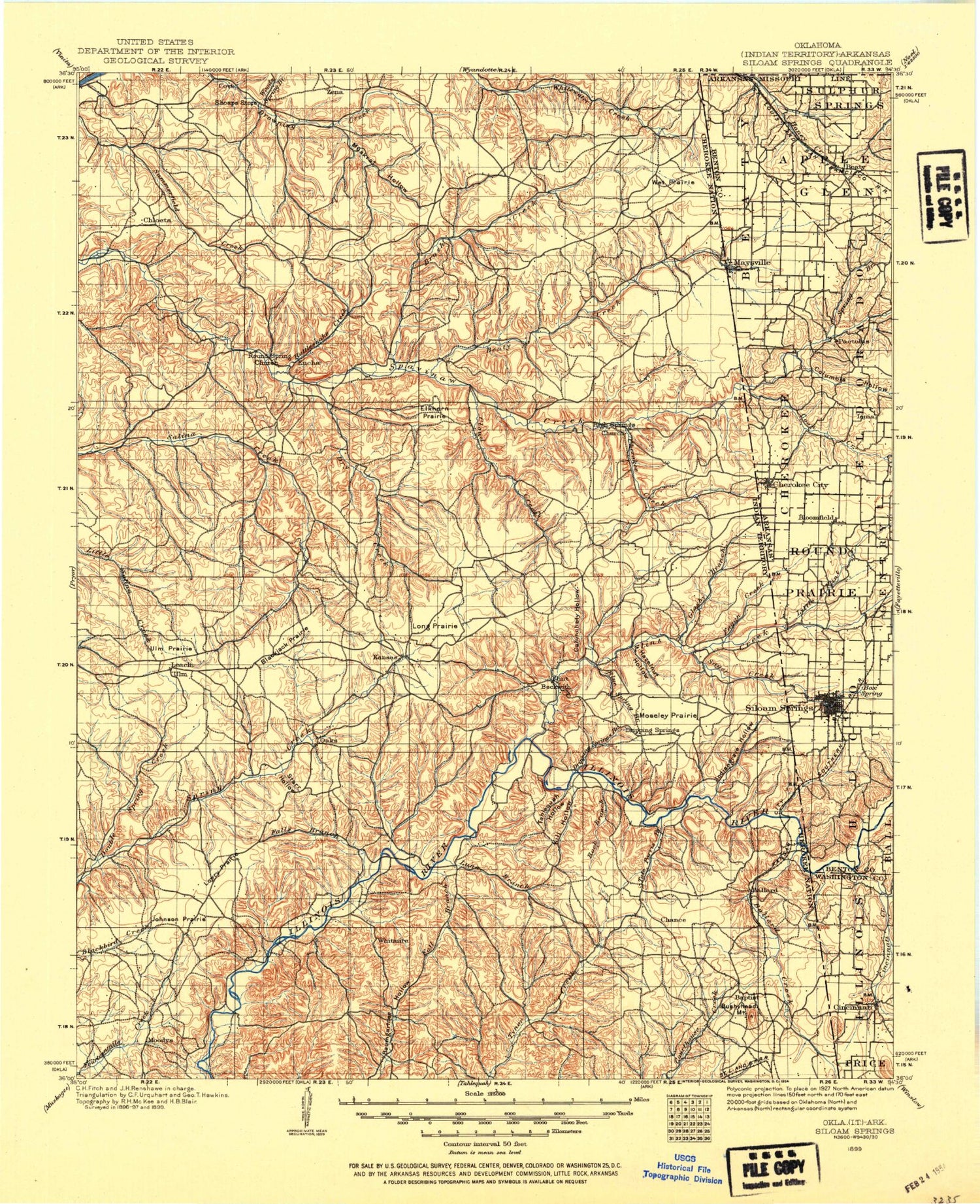 Historic 1899 Siloam Springs Oklahoma 30'x30' Topo Map Image