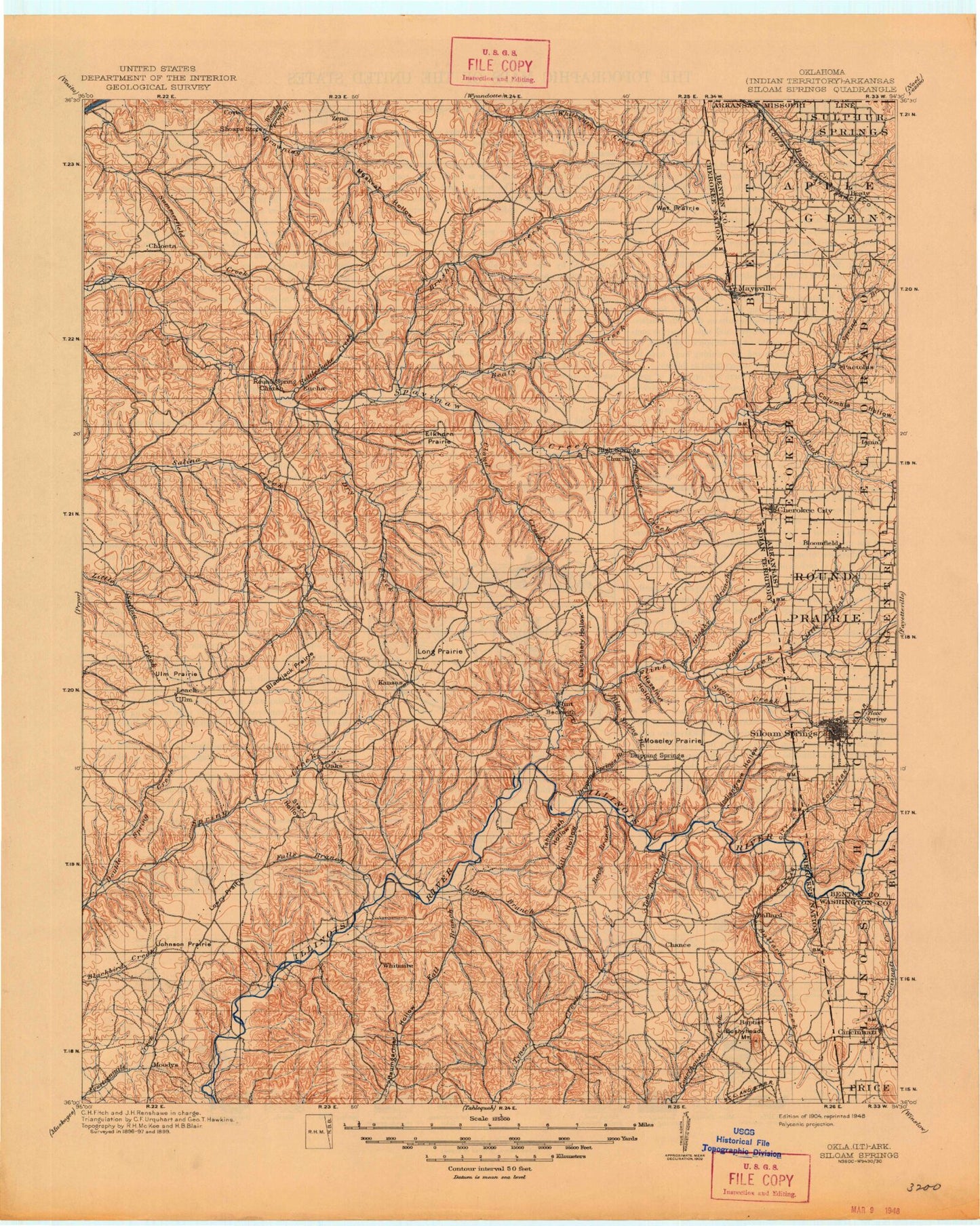 Historic 1904 Siloam Springs Oklahoma 30'x30' Topo Map Image