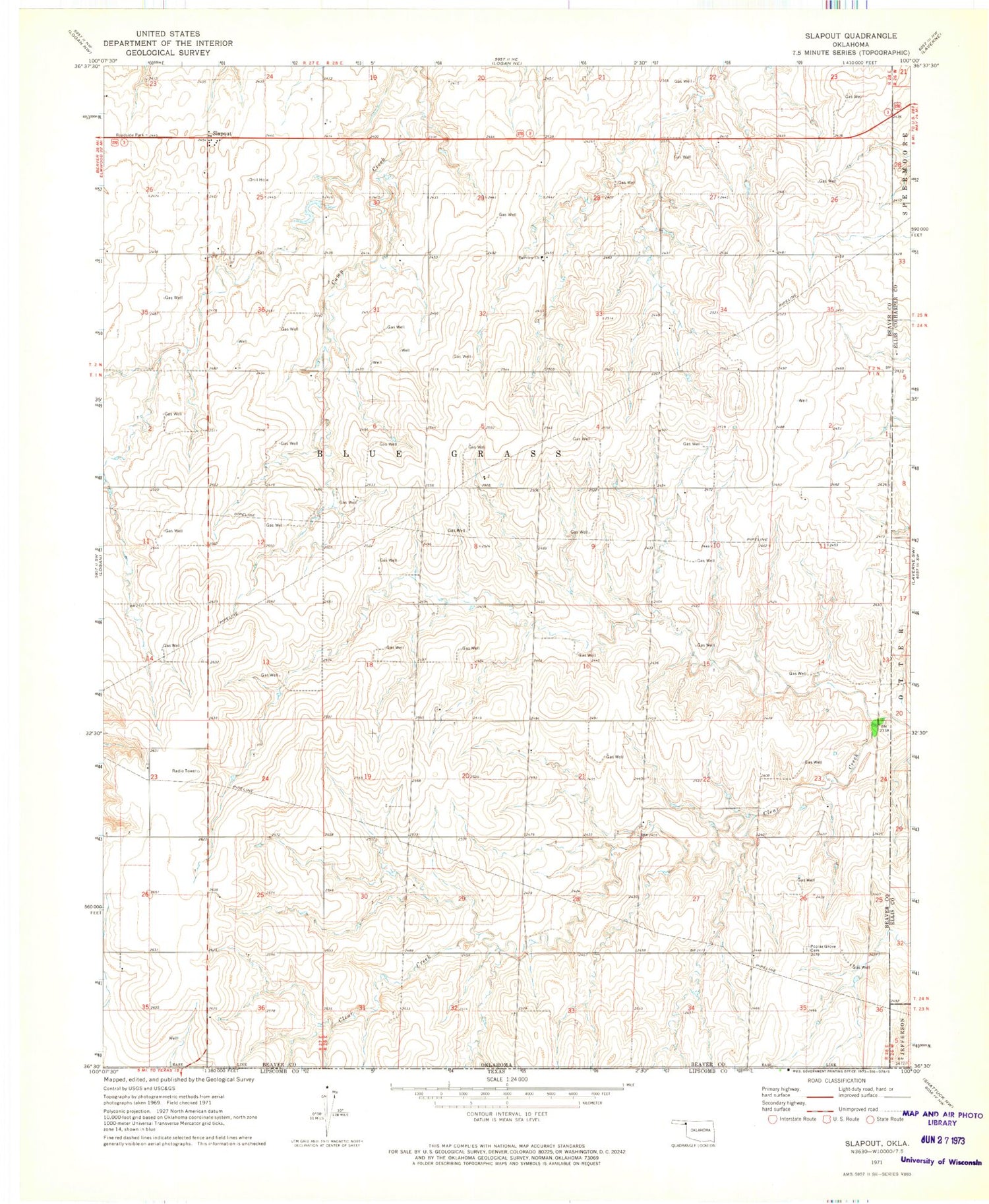 Classic USGS Slapout Oklahoma 7.5'x7.5' Topo Map Image
