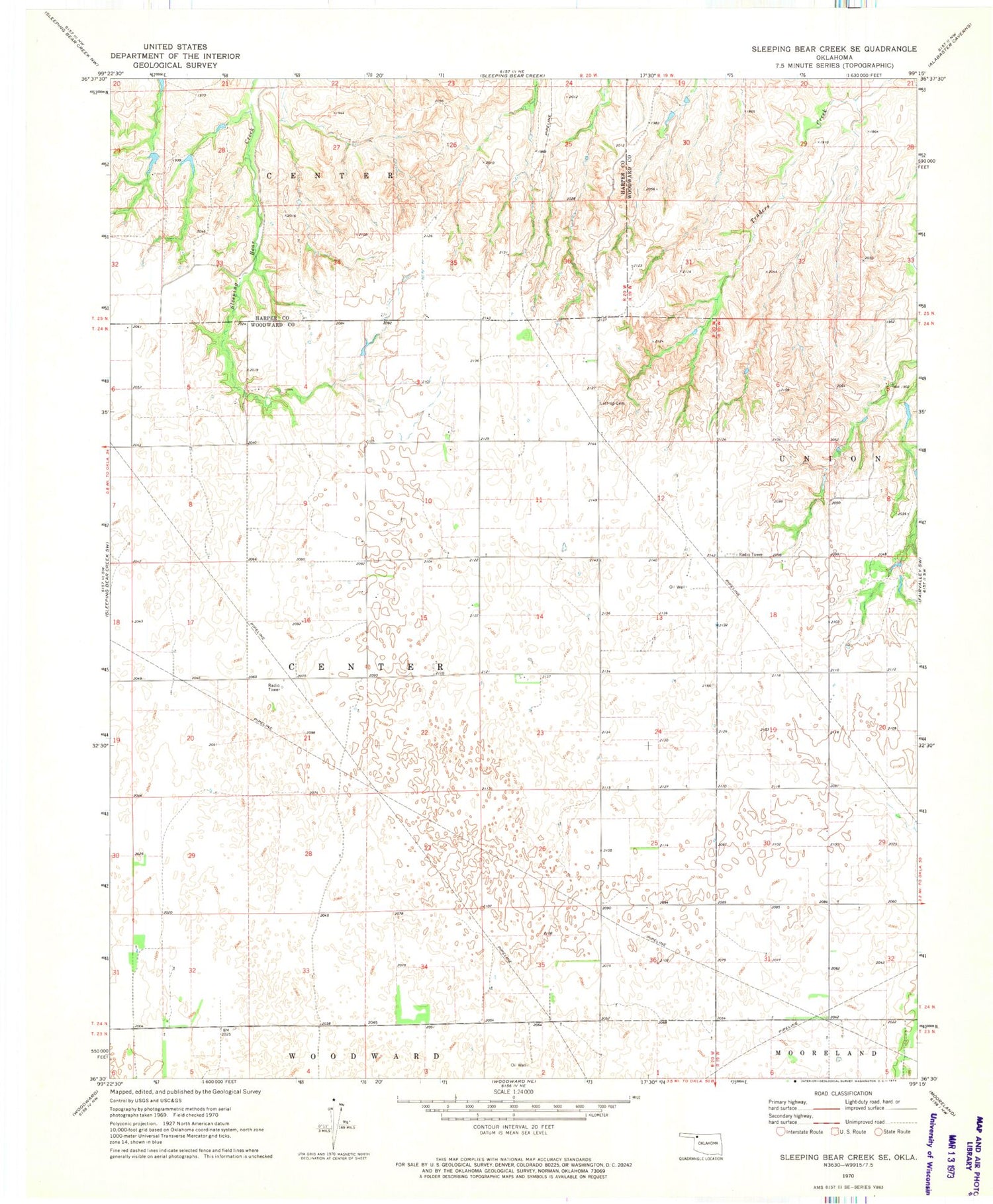 Classic USGS Sleeping Bear Creek SE Oklahoma 7.5'x7.5' Topo Map Image
