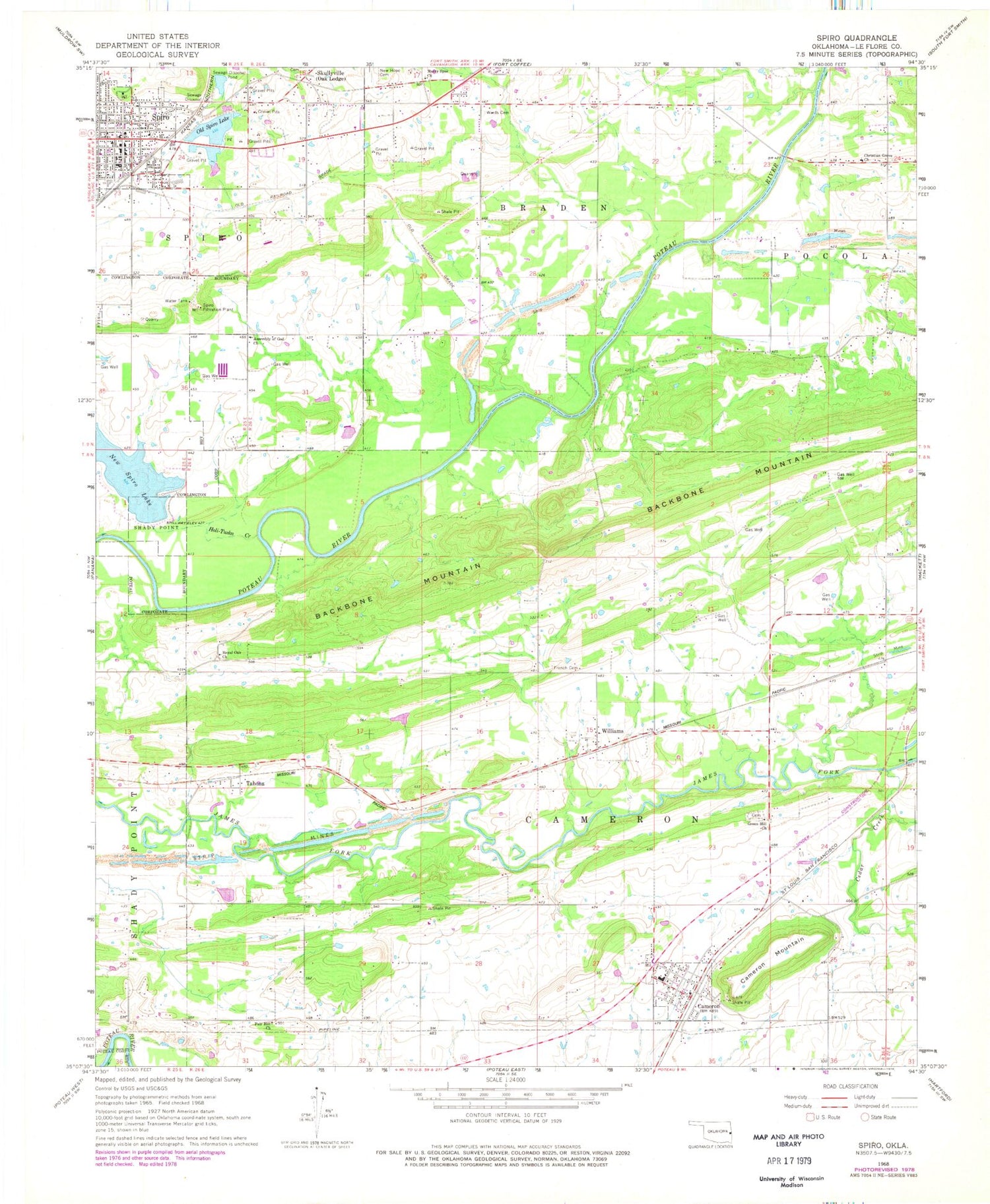 Classic USGS Spiro Oklahoma 7.5'x7.5' Topo Map Image