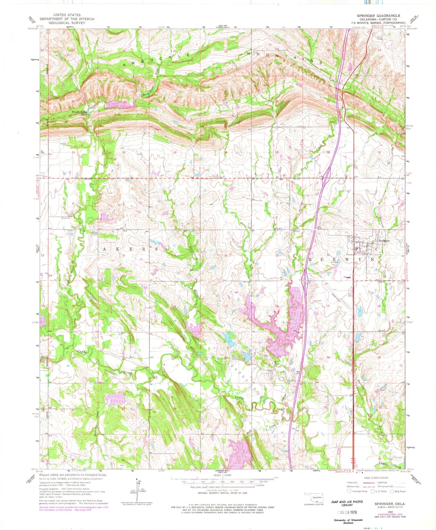 Classic USGS Springer Oklahoma 7.5'x7.5' Topo Map Image