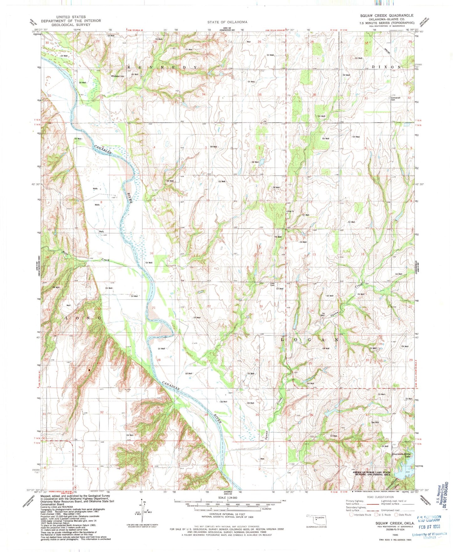 Classic USGS Squaw Creek Oklahoma 7.5'x7.5' Topo Map Image