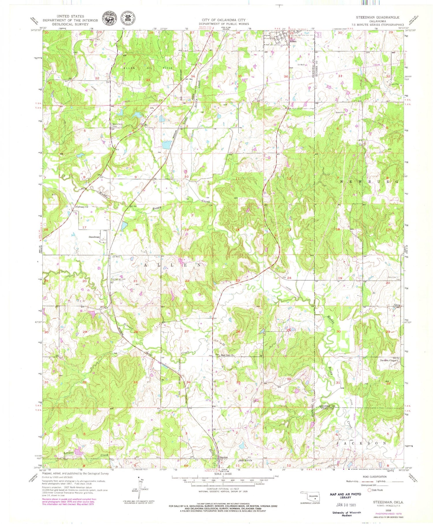 Classic USGS Steedman Oklahoma 7.5'x7.5' Topo Map Image