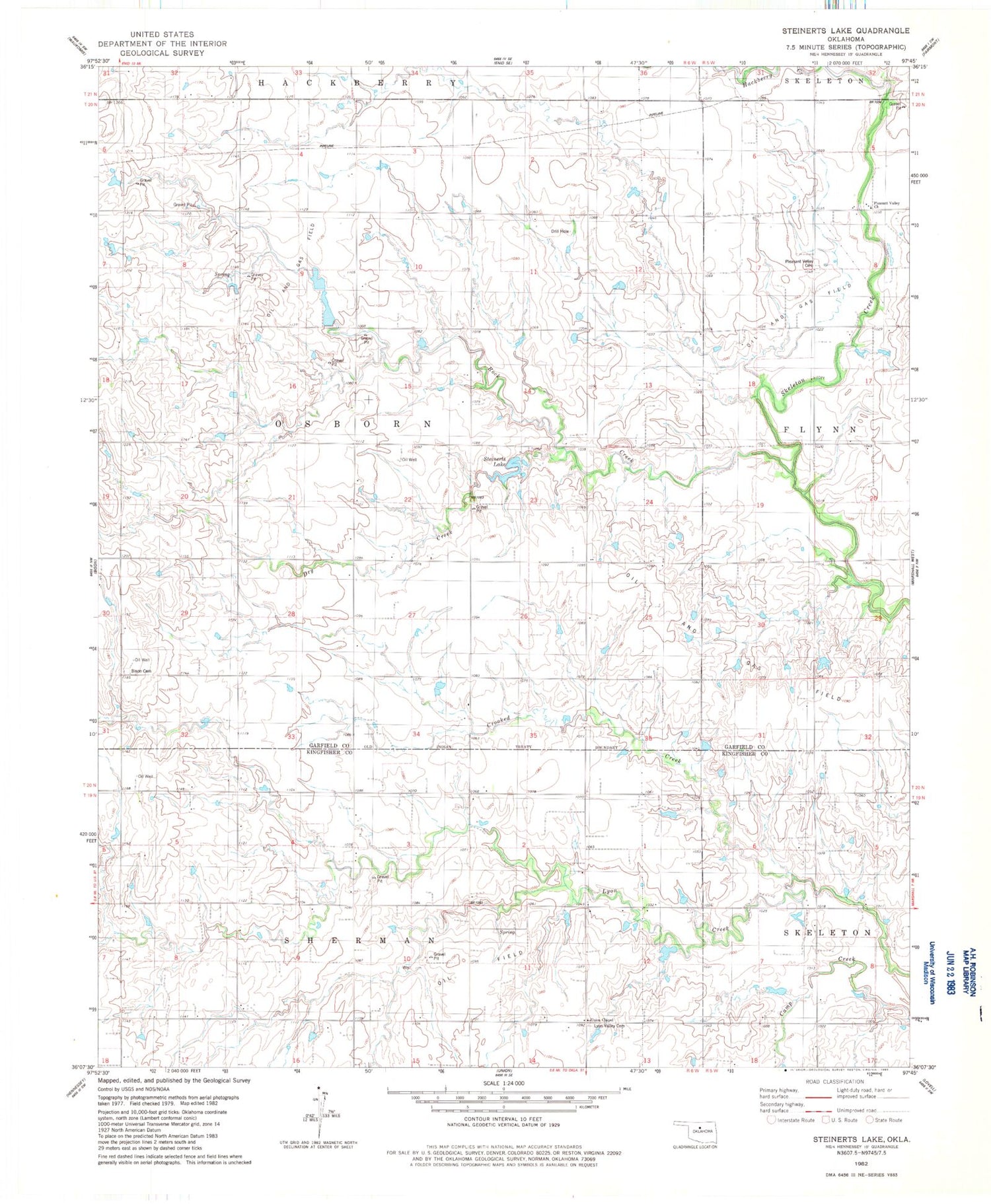 Classic USGS Steinerts Lake Oklahoma 7.5'x7.5' Topo Map Image