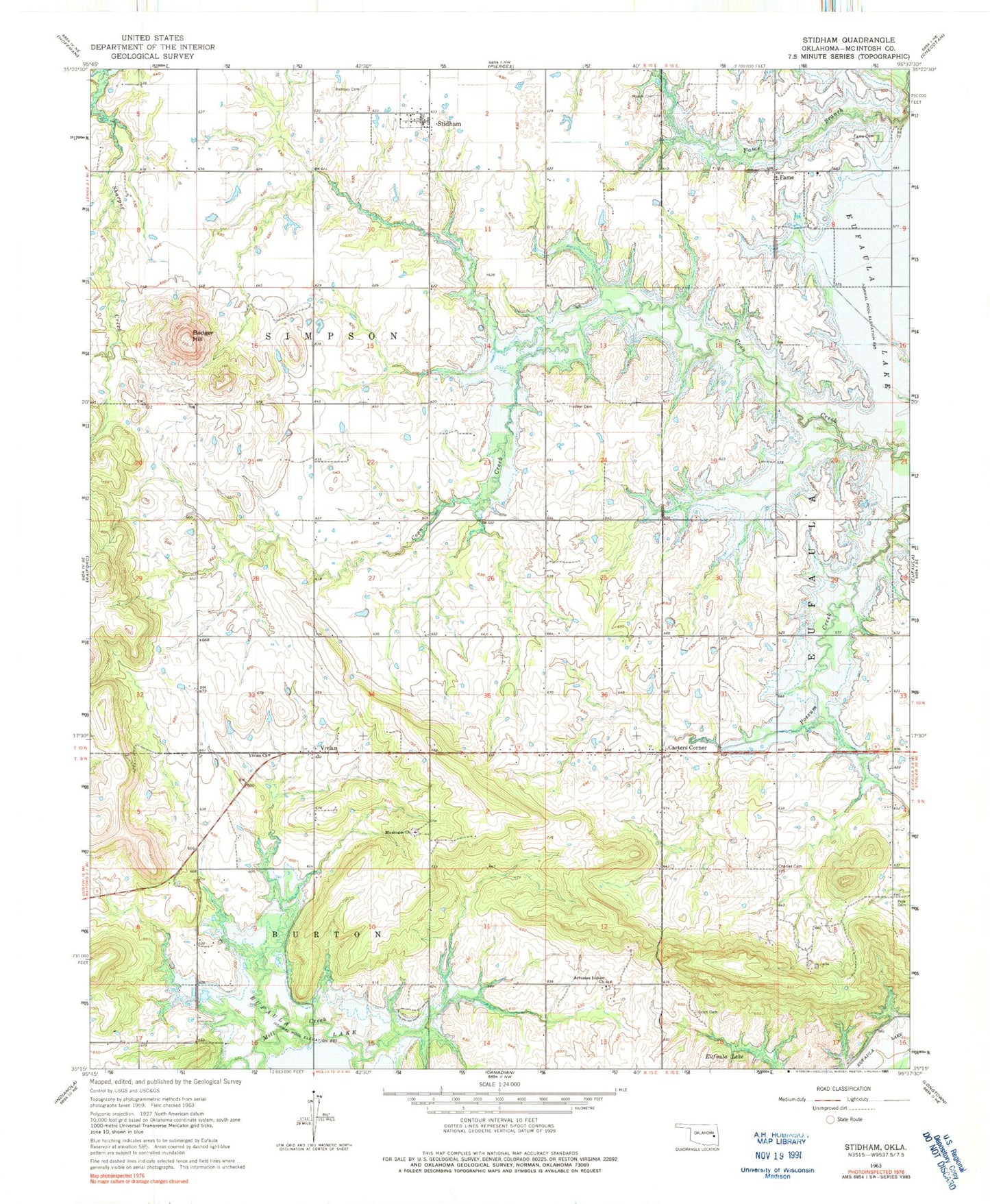Classic USGS Stidham Oklahoma 7.5'x7.5' Topo Map Image