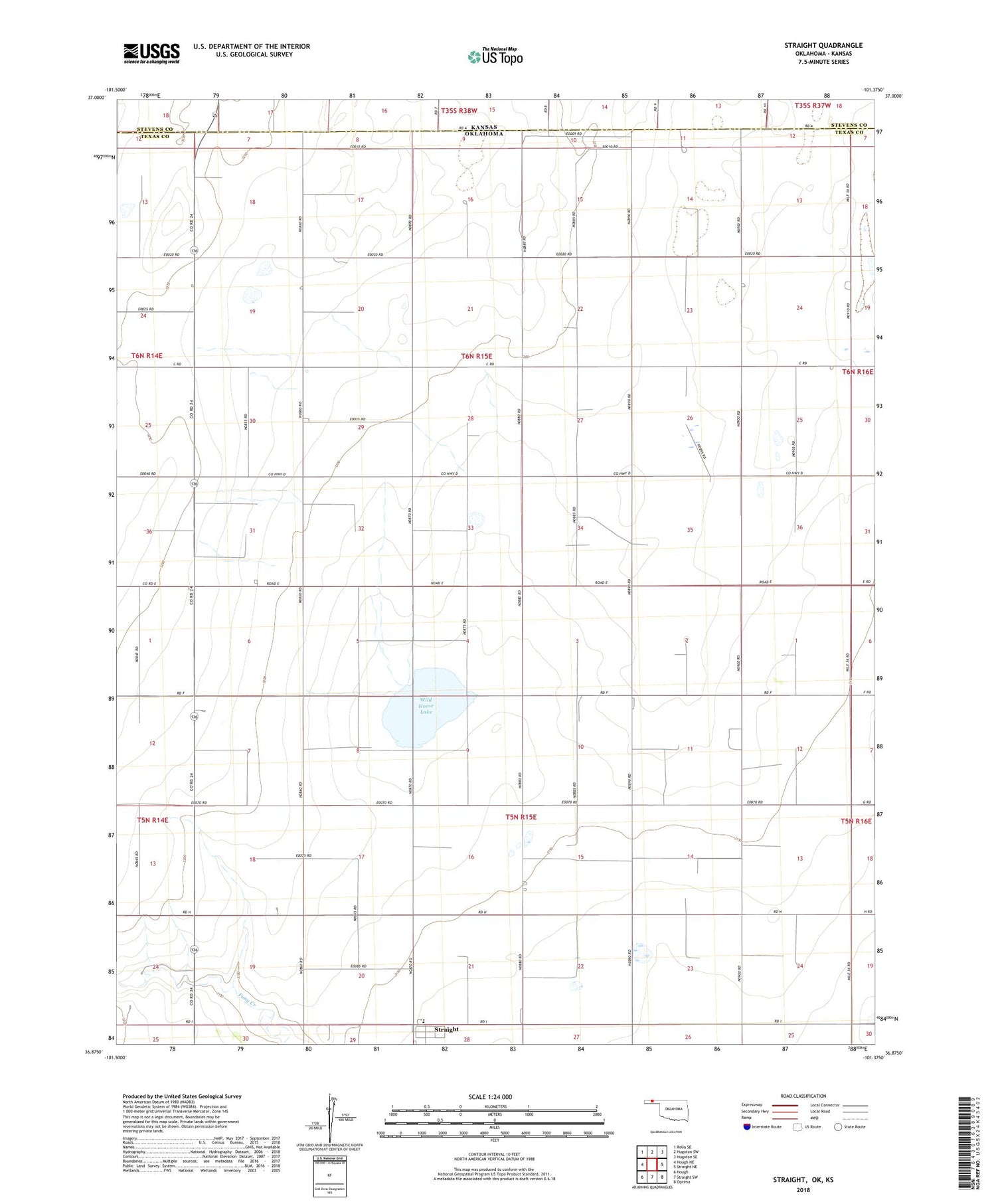 Straight Oklahoma US Topo Map Image