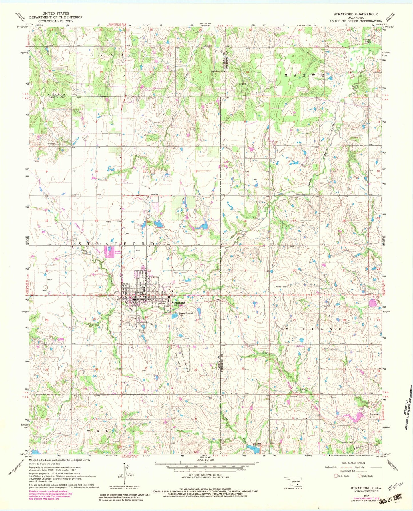 Classic USGS Stratford Oklahoma 7.5'x7.5' Topo Map Image
