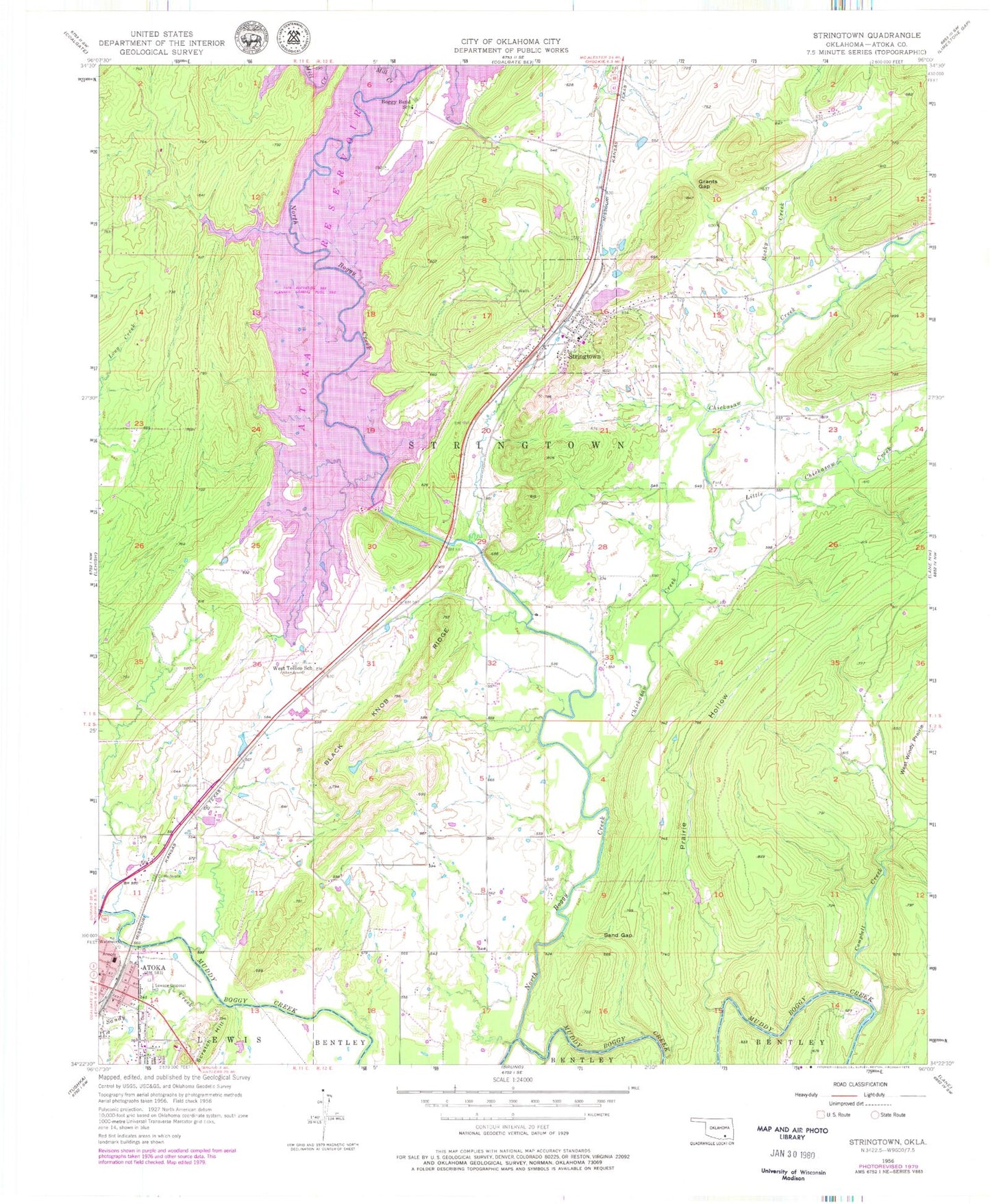 Classic USGS Stringtown Oklahoma 7.5'x7.5' Topo Map Image