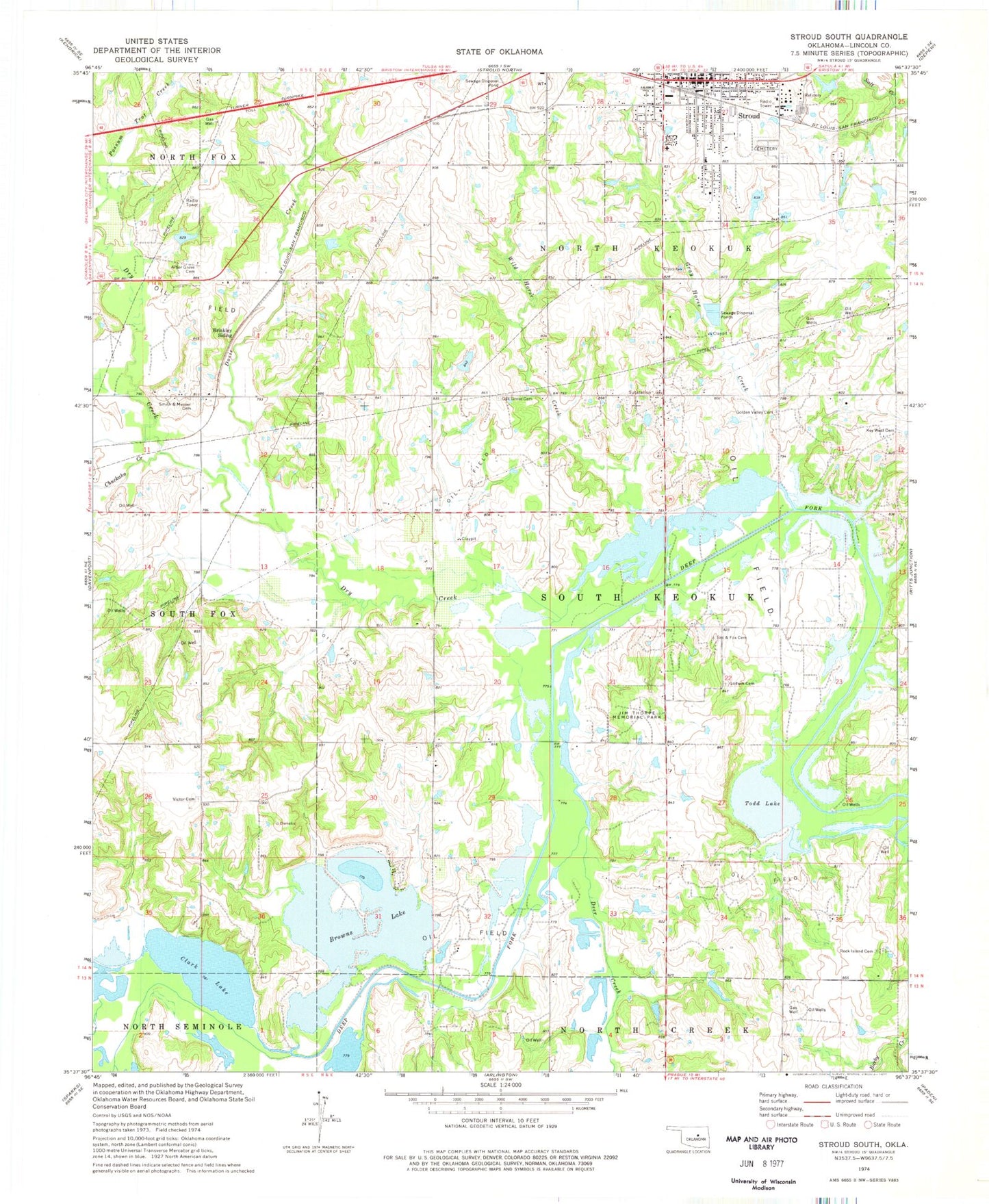 Classic USGS Stroud South Oklahoma 7.5'x7.5' Topo Map Image