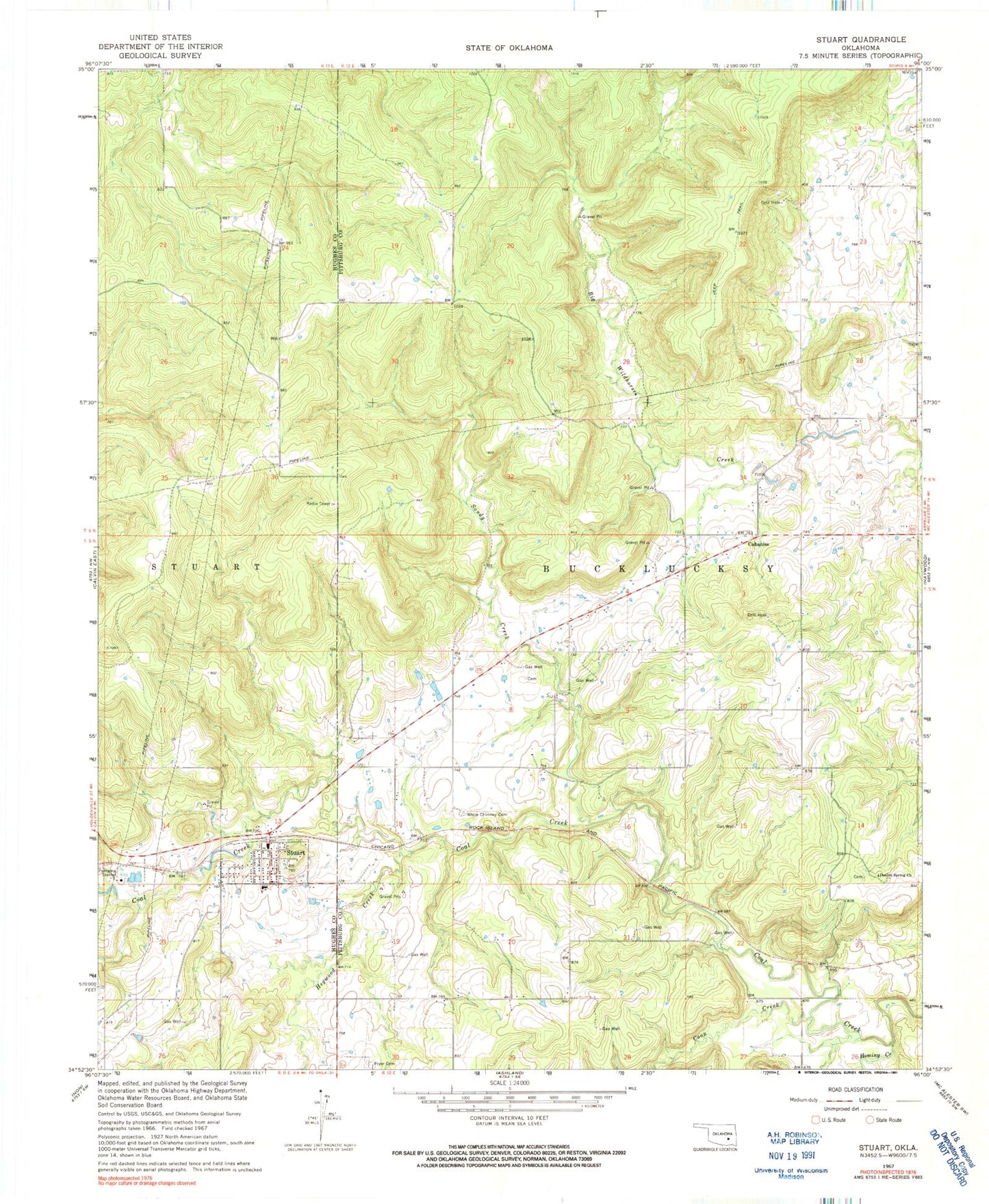Classic USGS Stuart Oklahoma 7.5'x7.5' Topo Map Image