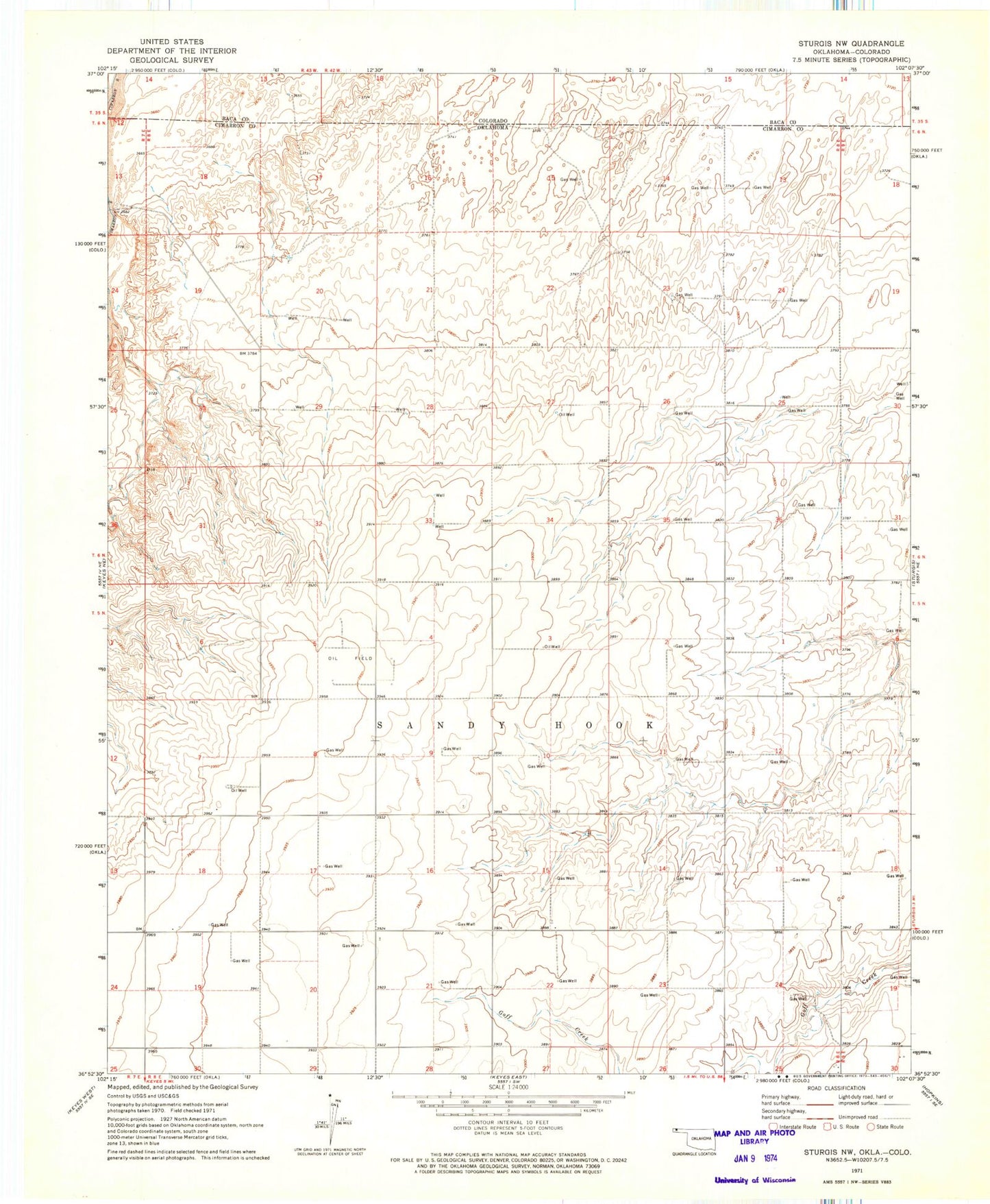 Classic USGS Sturgis NW Oklahoma 7.5'x7.5' Topo Map Image