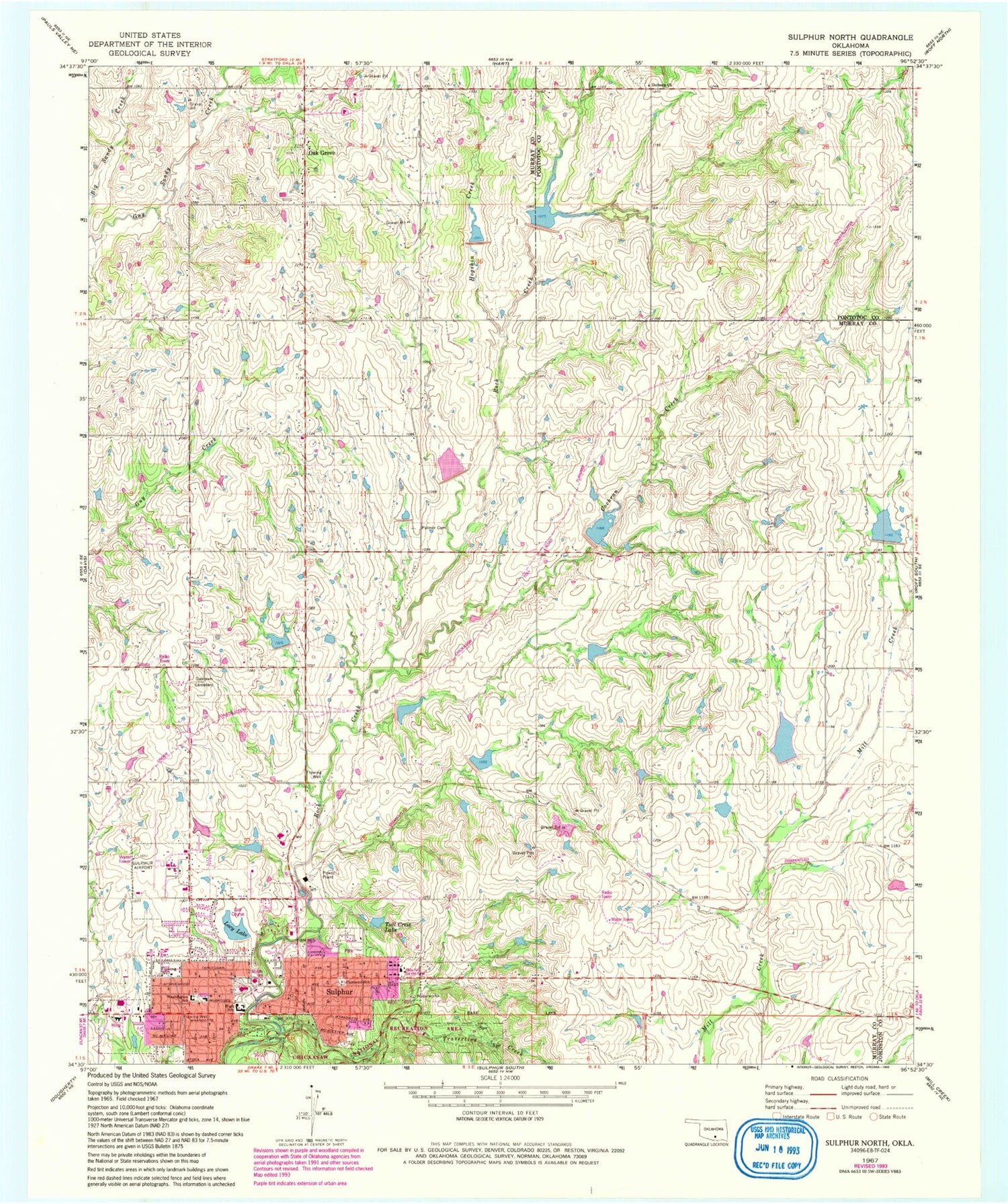 Classic USGS Sulphur North Oklahoma 7.5'x7.5' Topo Map Image