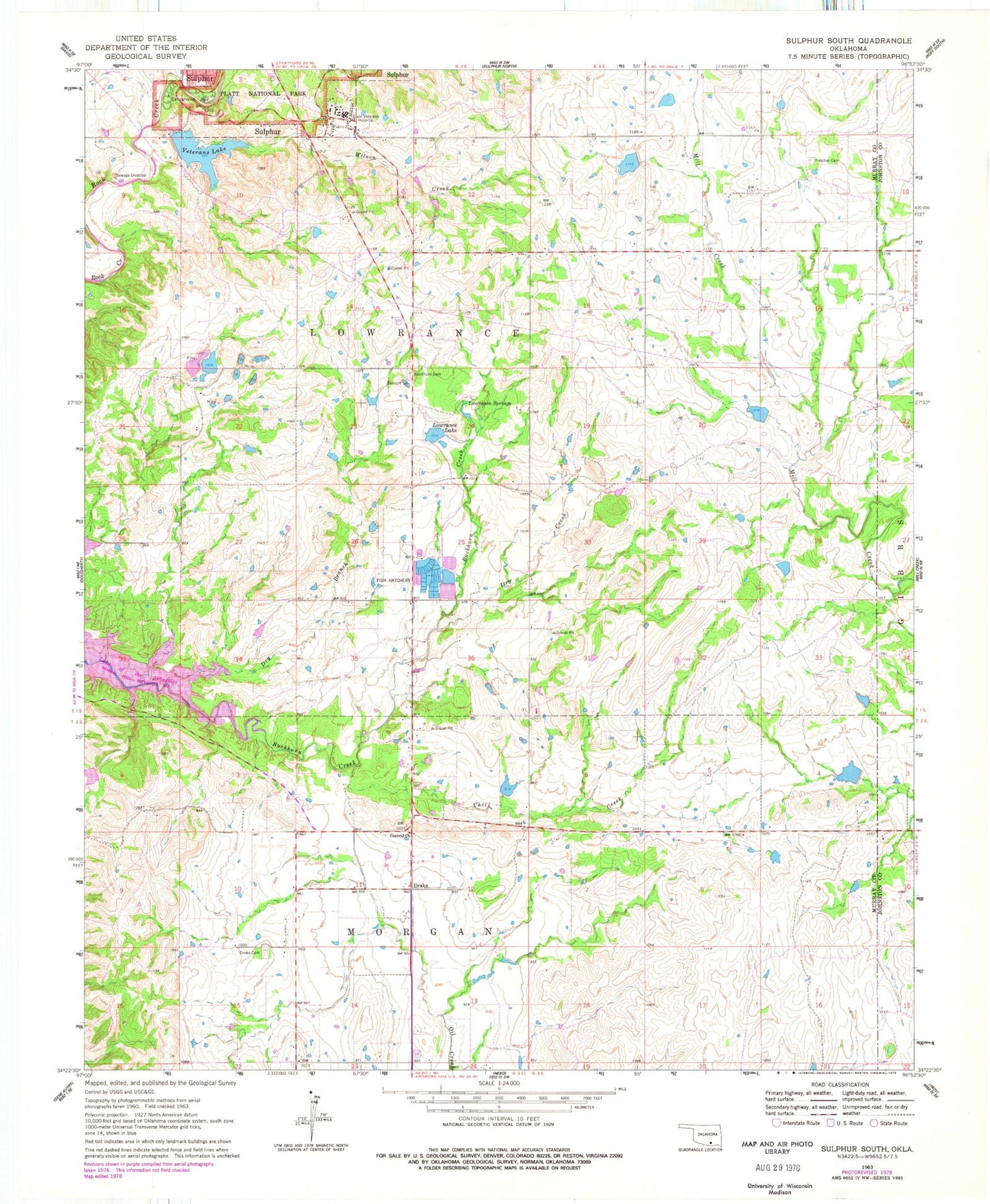 Classic USGS Sulphur South Oklahoma 7.5'x7.5' Topo Map Image