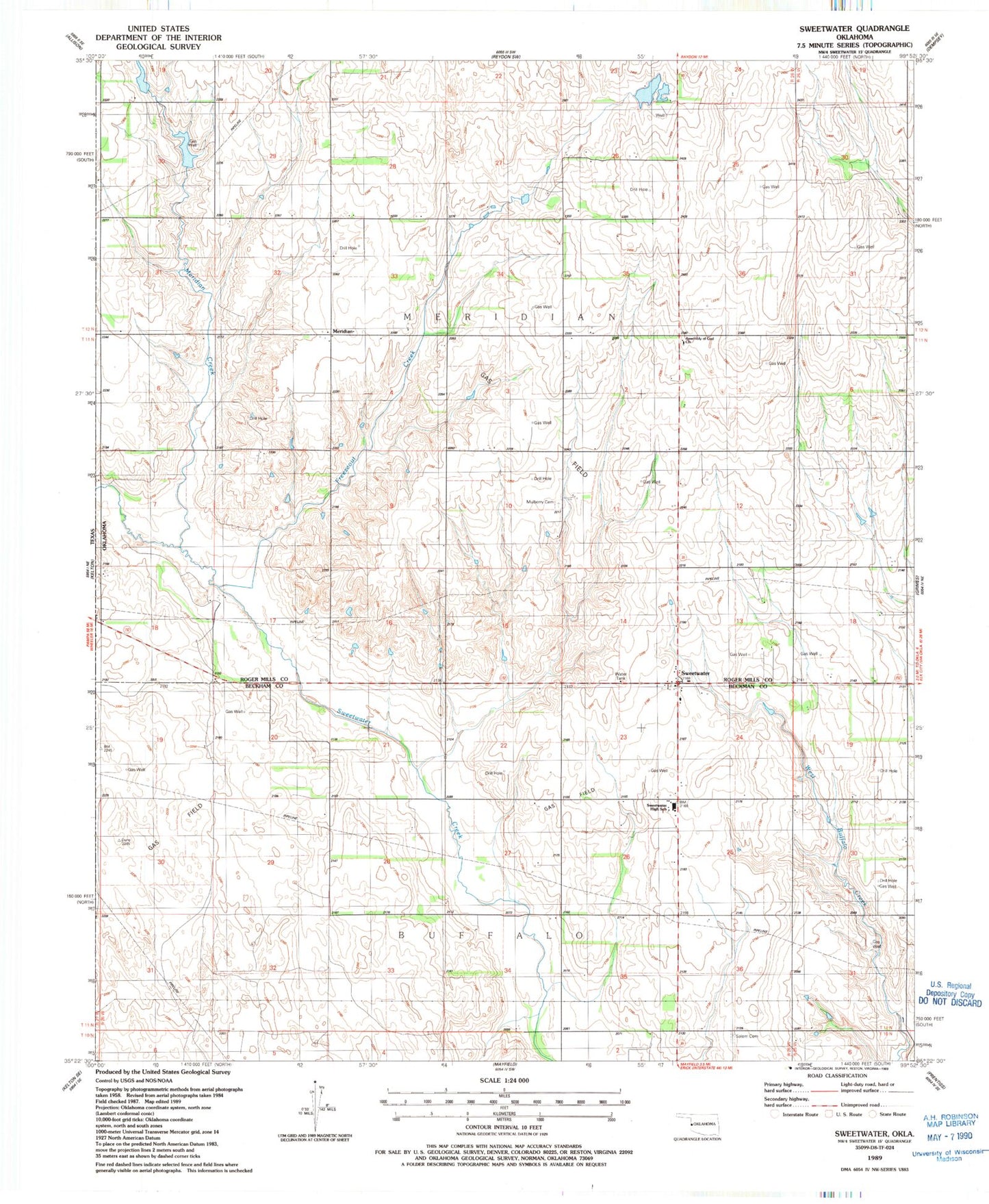 Classic USGS Sweetwater Oklahoma 7.5'x7.5' Topo Map Image
