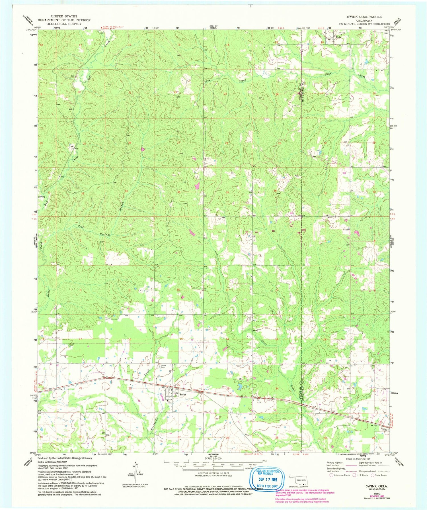 Classic USGS Swink Oklahoma 7.5'x7.5' Topo Map Image