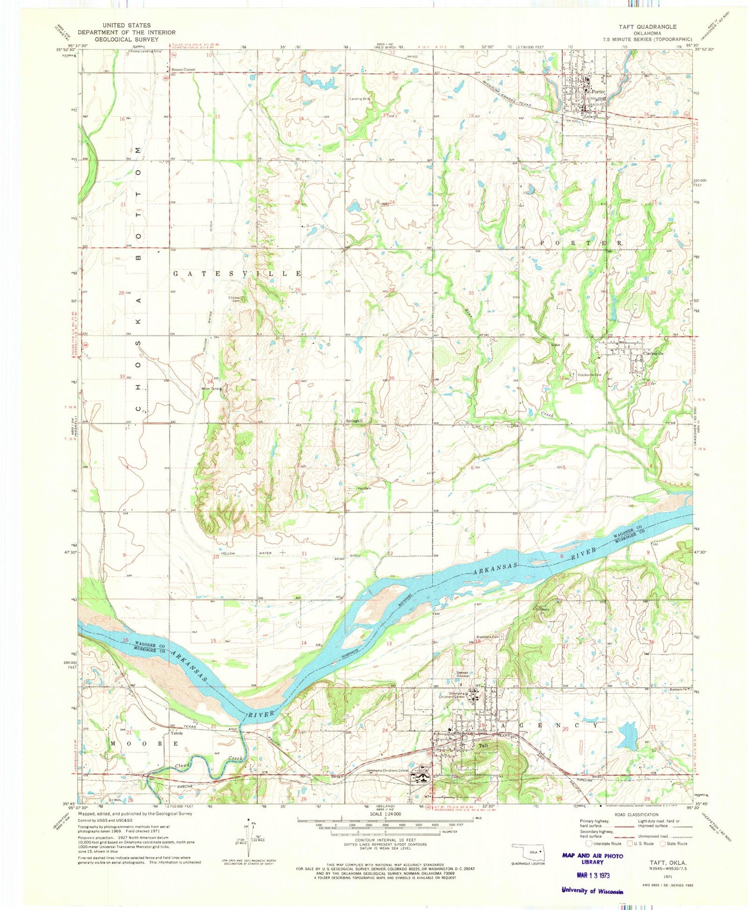 Classic USGS Taft Oklahoma 7.5'x7.5' Topo Map Image