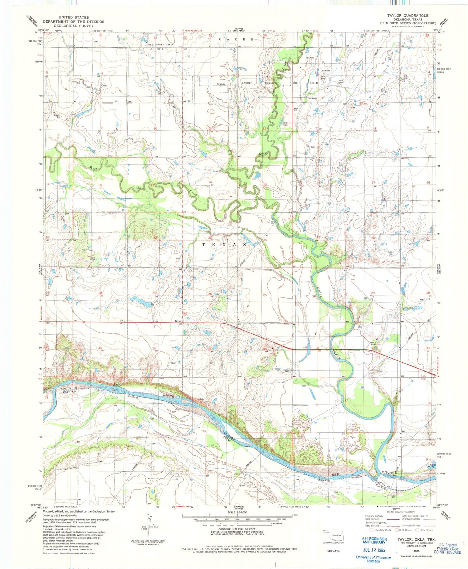 Classic USGS Taylor Oklahoma 7.5'x7.5' Topo Map Image