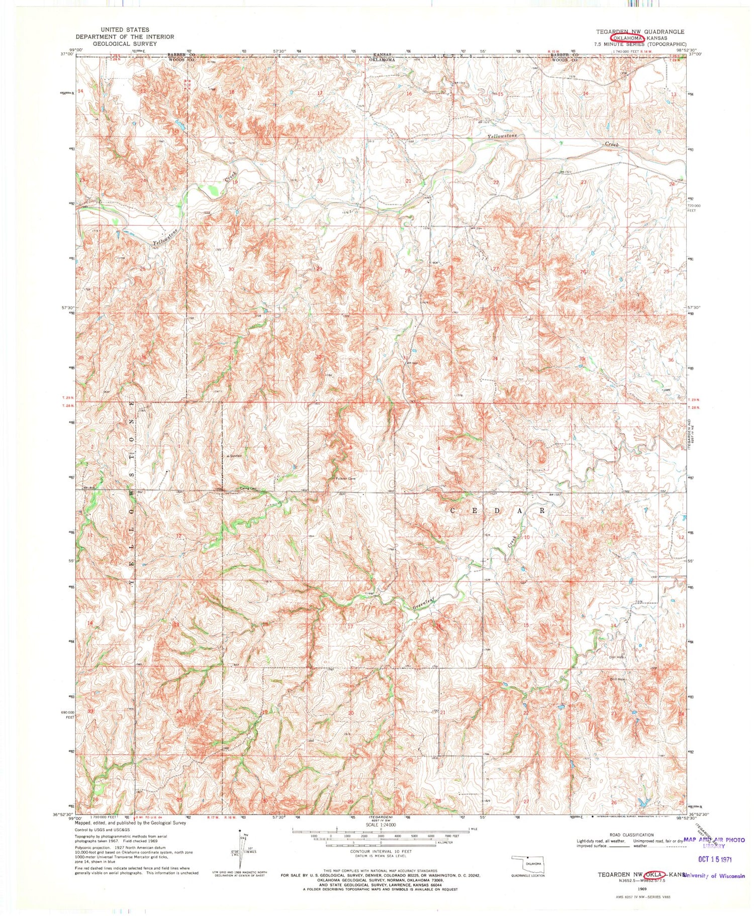Classic USGS Tegarden NW Oklahoma 7.5'x7.5' Topo Map Image