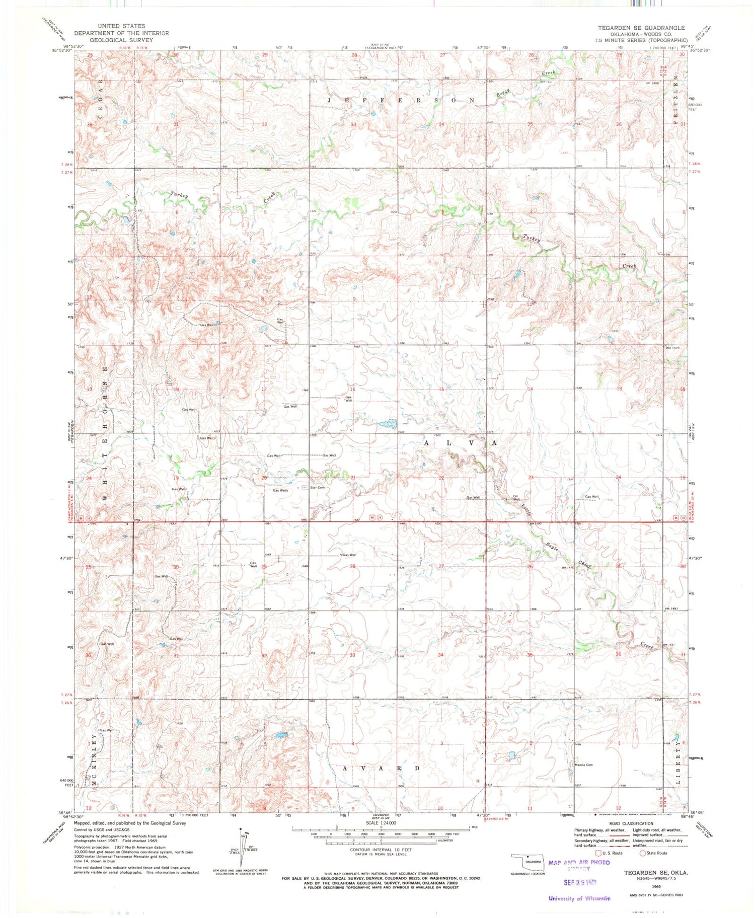 Classic USGS Tegarden SE Oklahoma 7.5'x7.5' Topo Map Image