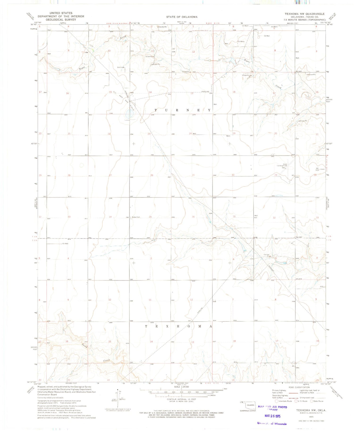 Classic USGS Texhoma NW Oklahoma 7.5'x7.5' Topo Map Image