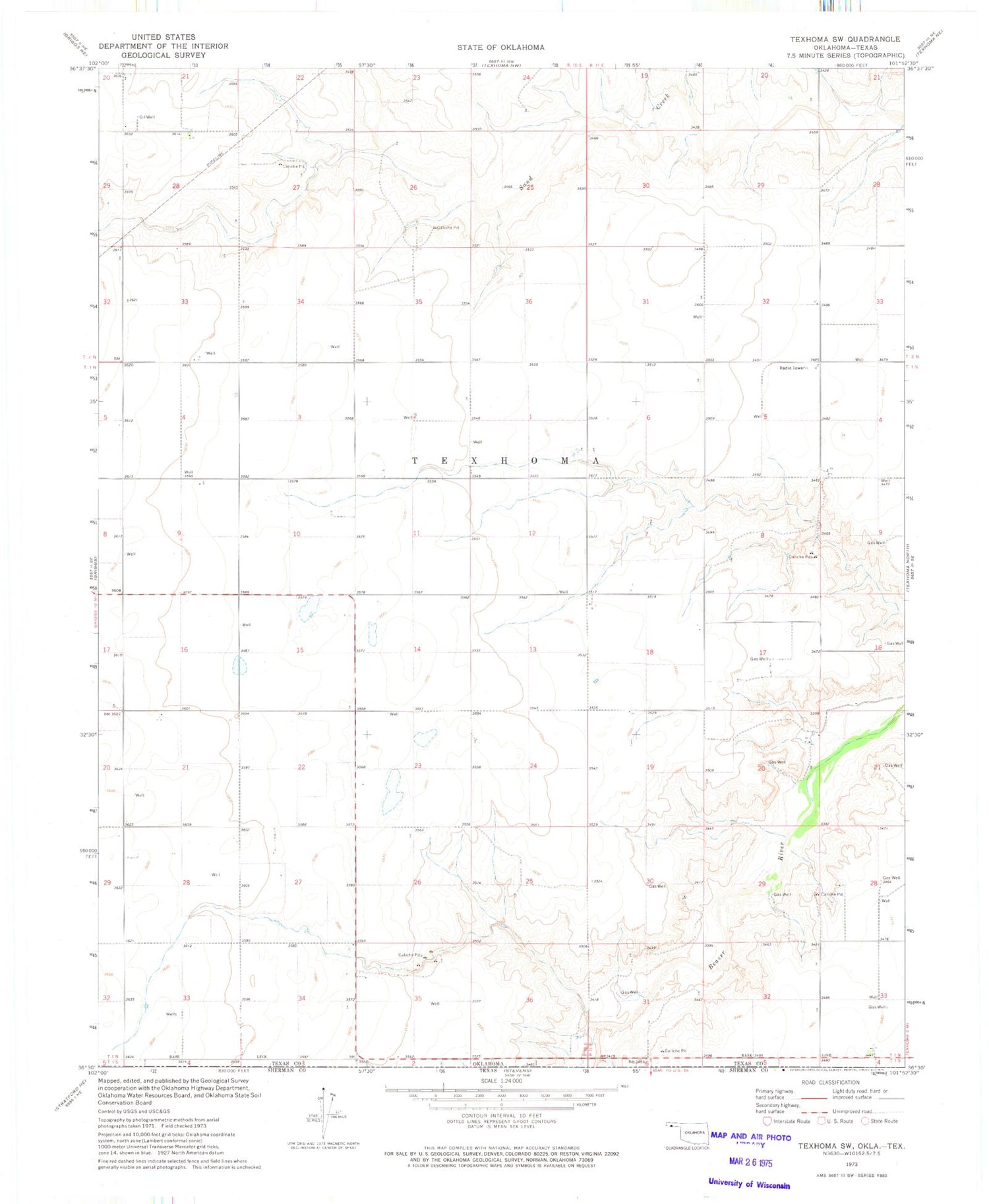 Classic USGS Texhoma SW Oklahoma 7.5'x7.5' Topo Map Image