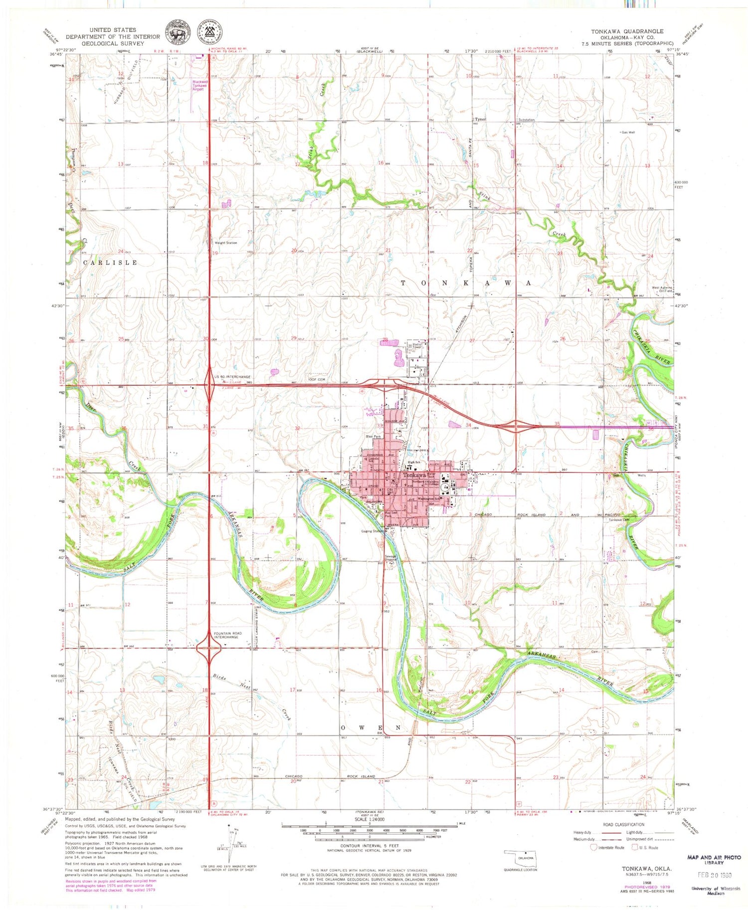 Classic USGS Tonkawa Oklahoma 7.5'x7.5' Topo Map Image