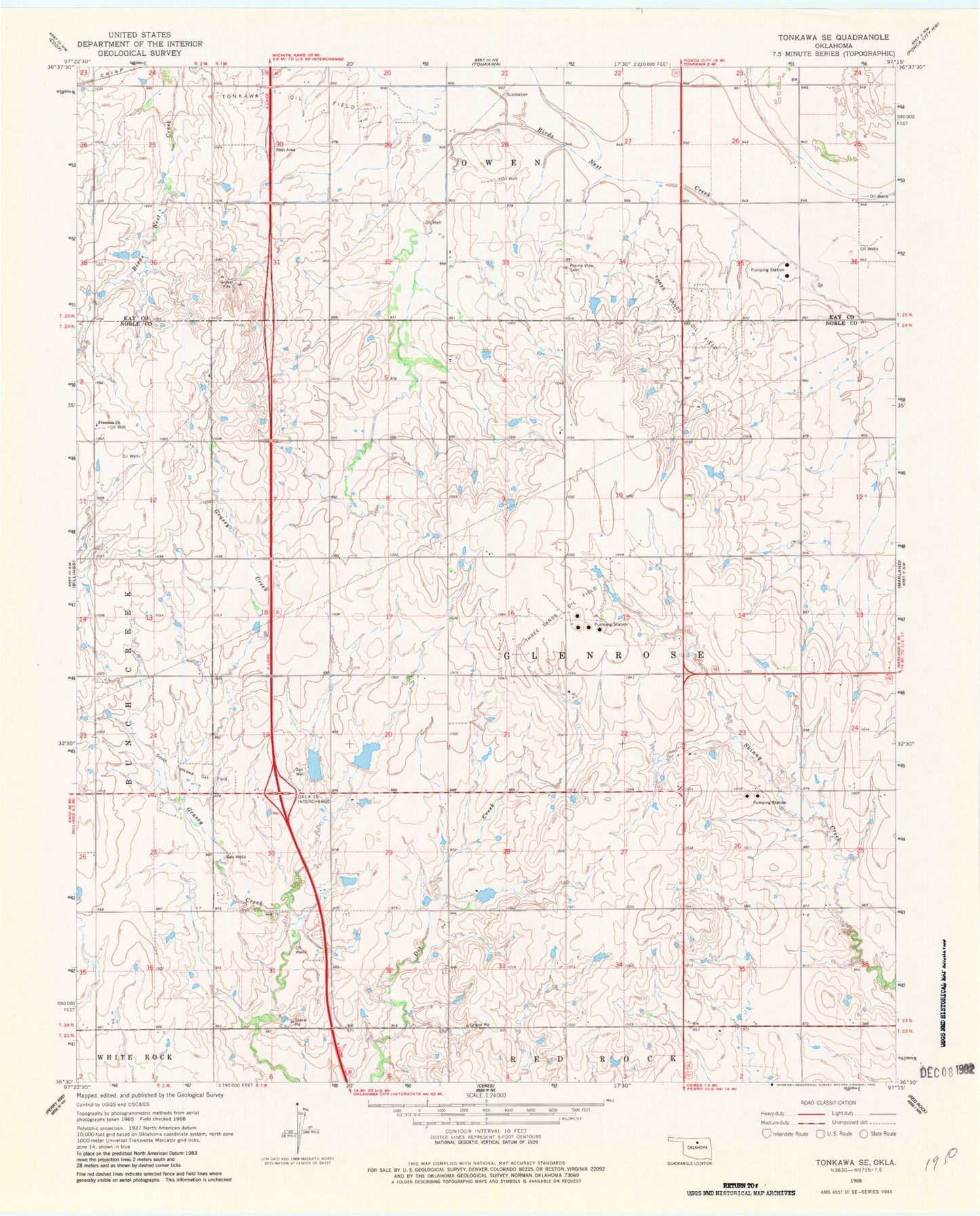 Classic USGS Tonkawa SE Oklahoma 7.5'x7.5' Topo Map Image