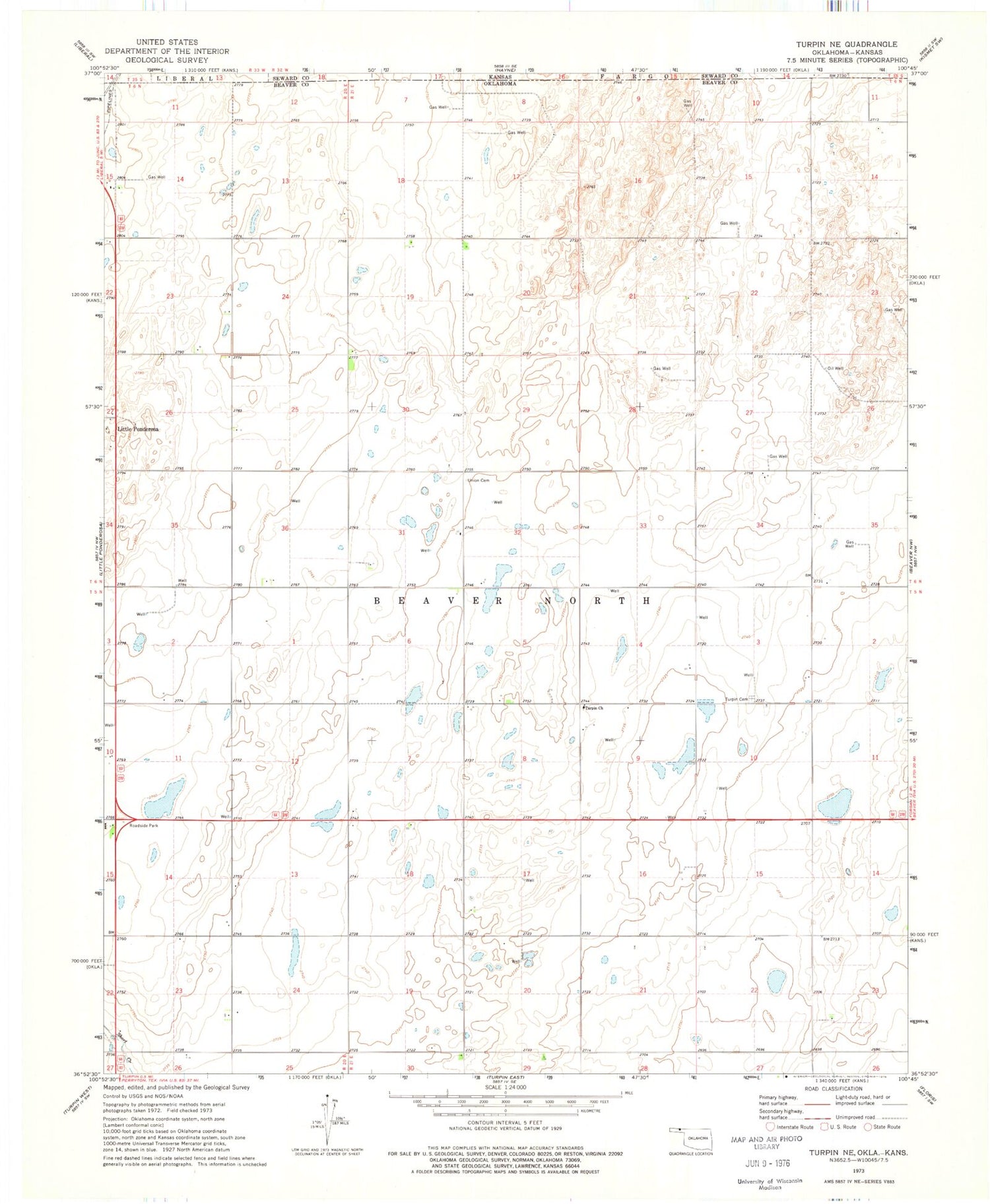 Classic USGS Turpin NE Oklahoma 7.5'x7.5' Topo Map Image