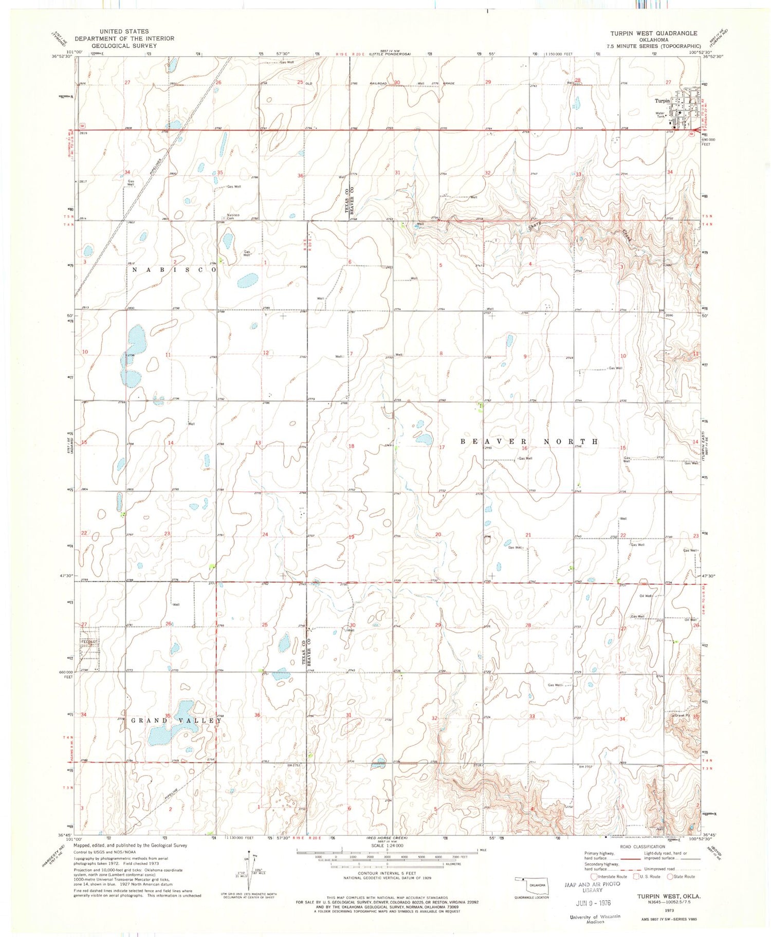 Classic USGS Turpin West Oklahoma 7.5'x7.5' Topo Map Image