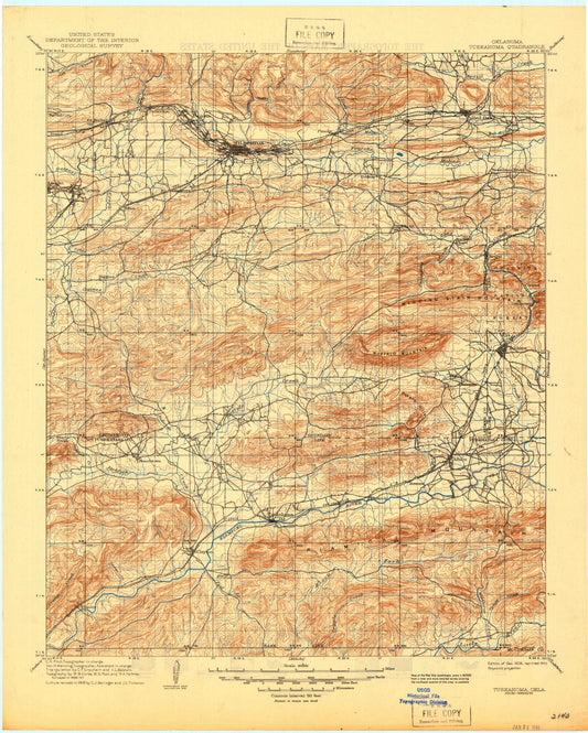 Historic 1909 Tuskahoma Oklahoma 30'x30' Topo Map Image
