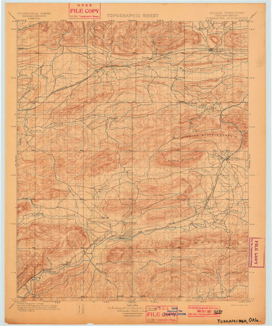 Historic 1901 Tuskahoma Oklahoma 30'x30' Topo Map Image