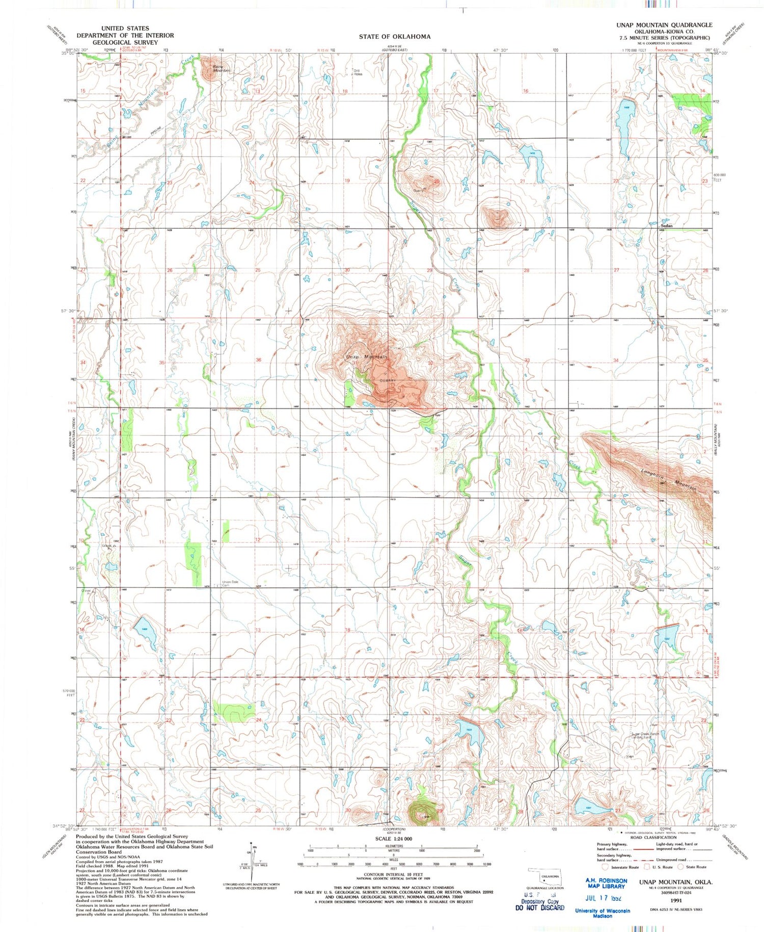 Classic USGS Unap Mountain Oklahoma 7.5'x7.5' Topo Map Image